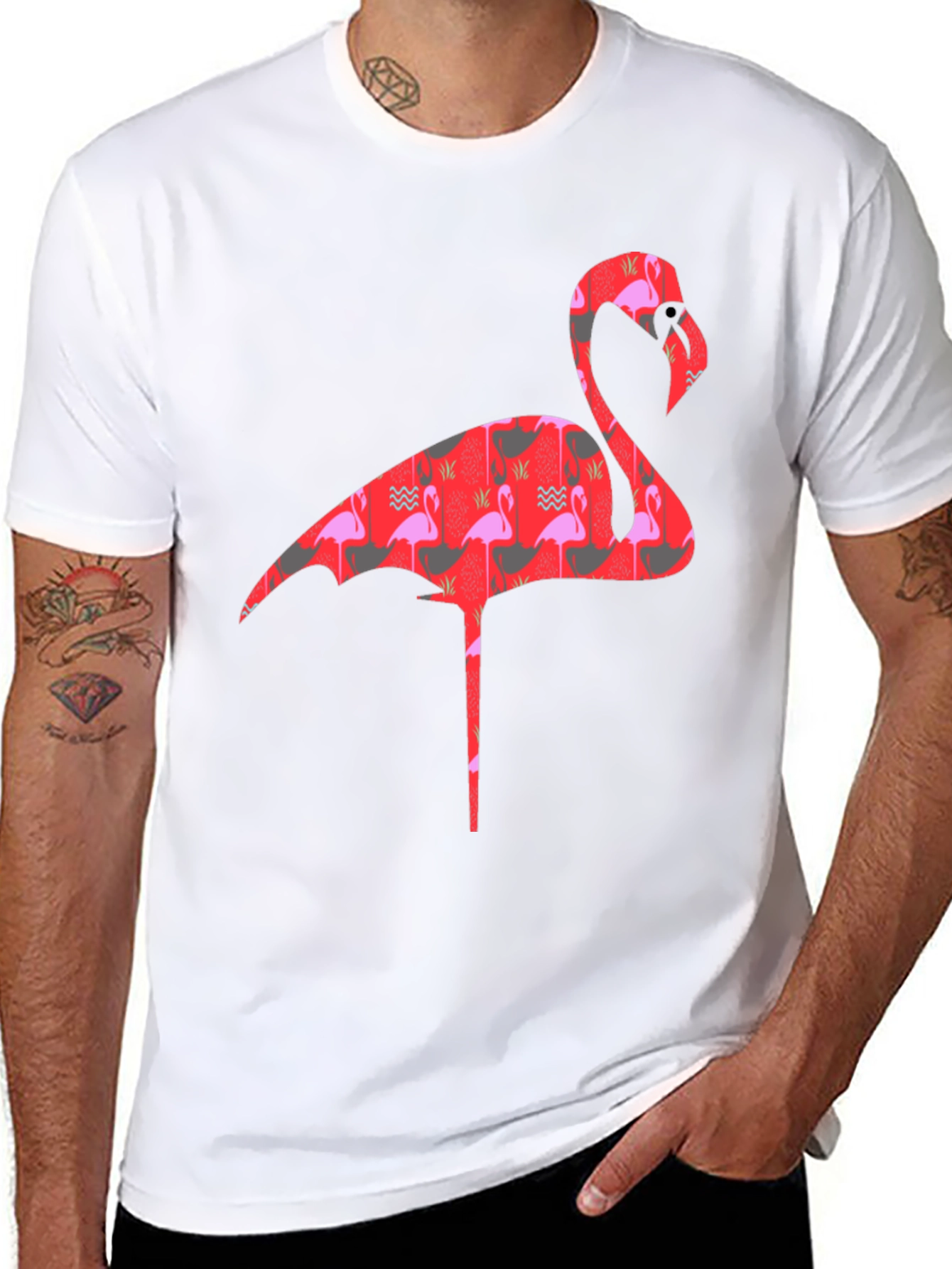 Flamingo Print Mens Black T-Shirt