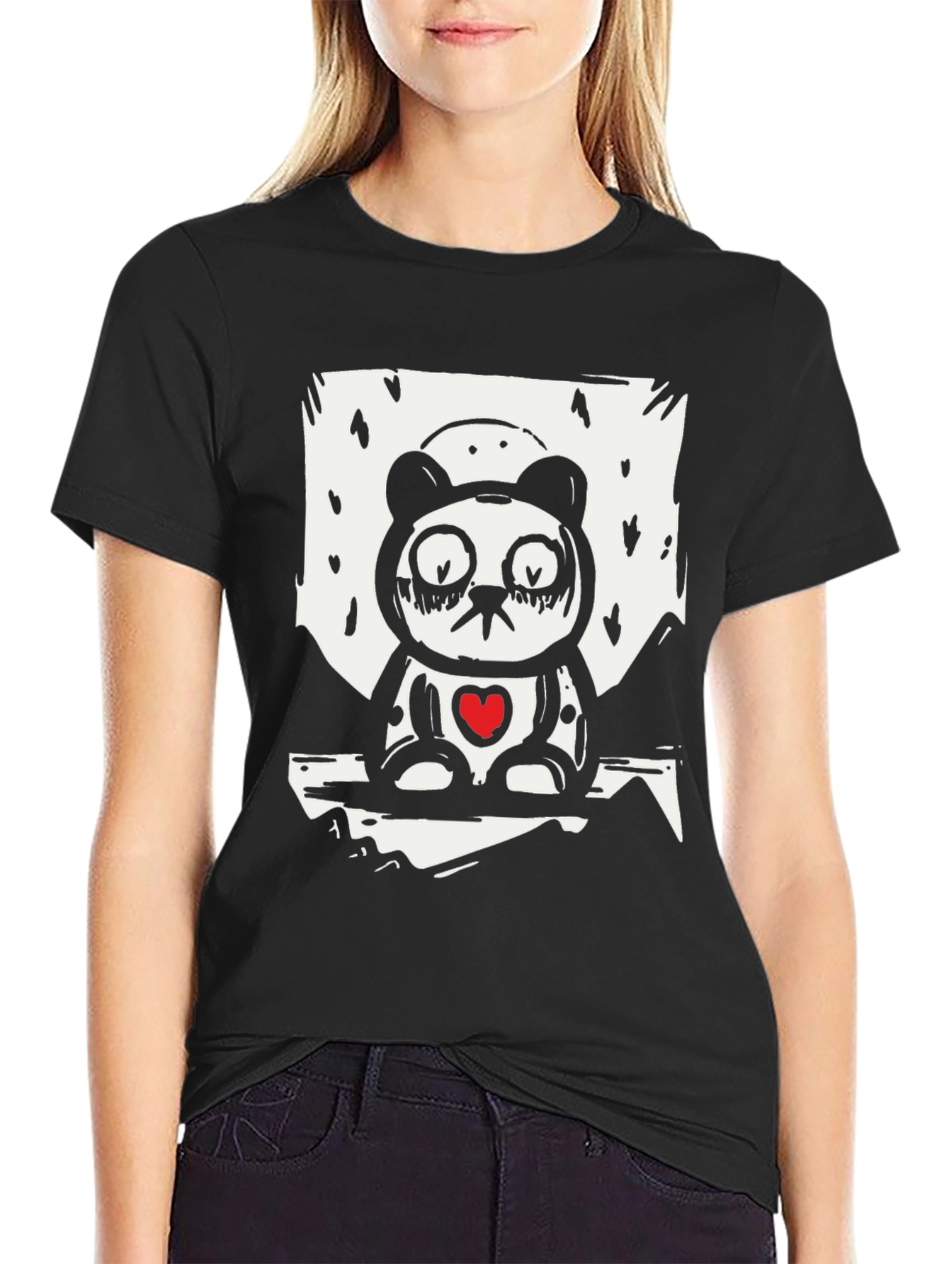 Sad Panda Heart Graphic Tee - Black