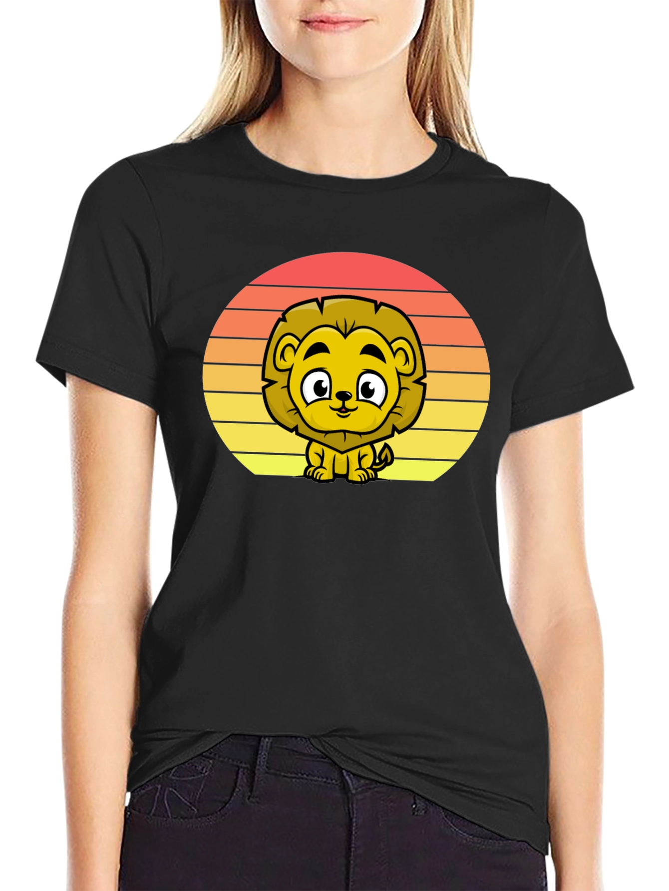 Cute Lion Sunset Graphic Tee - Black T-Shirt