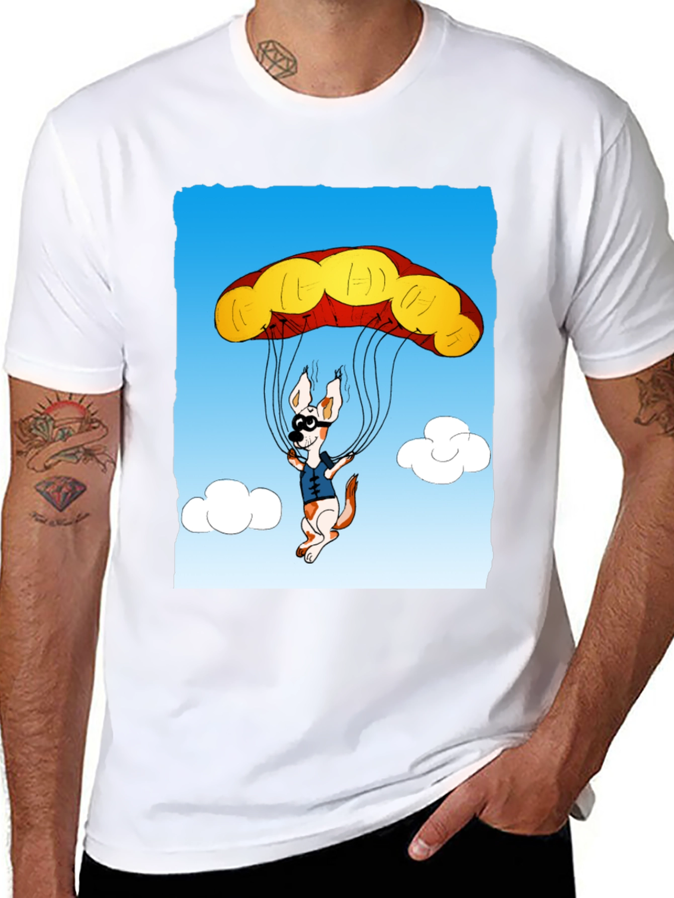 Parachuting Dog Graphic Tee - Black Cotton T-Shirt