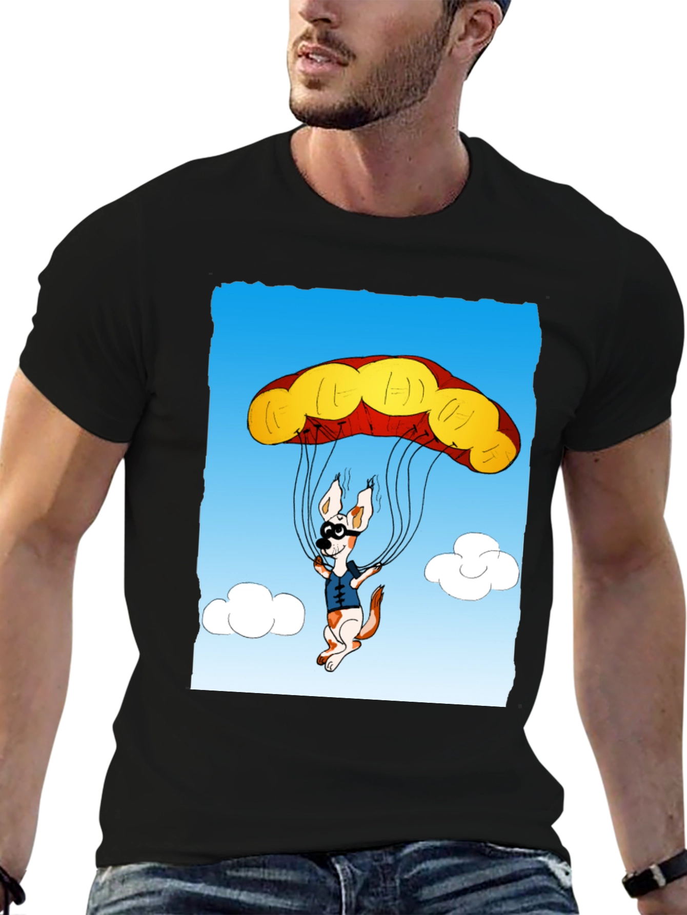 Parachuting Dog Graphic Tee - Black Cotton T-Shirt