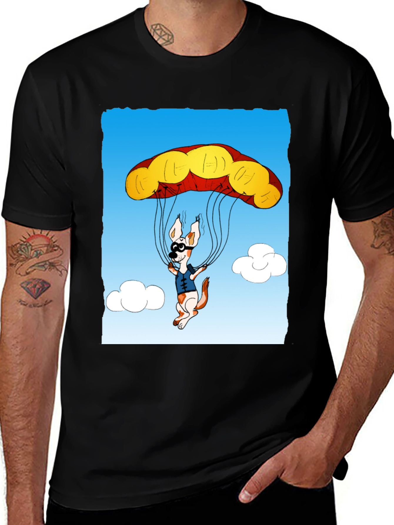 Parachuting Dog Graphic Tee - Black Cotton T-Shirt