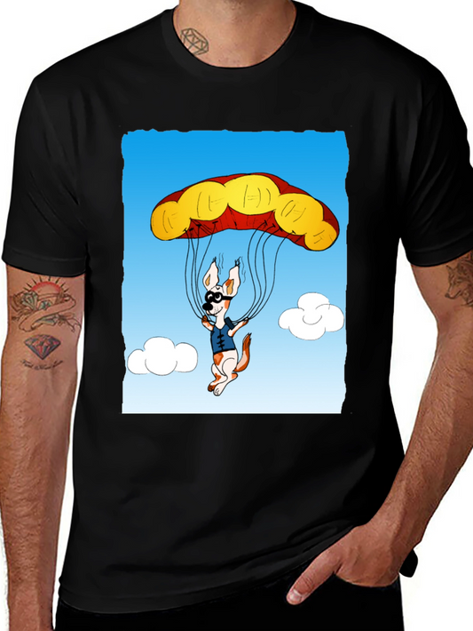Parachuting Dog Graphic Tee - Black Cotton T-Shirt