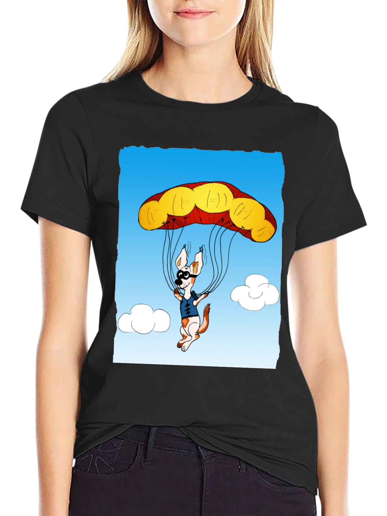 Parachuting Dog Graphic Tee - Black Cotton T-Shirt