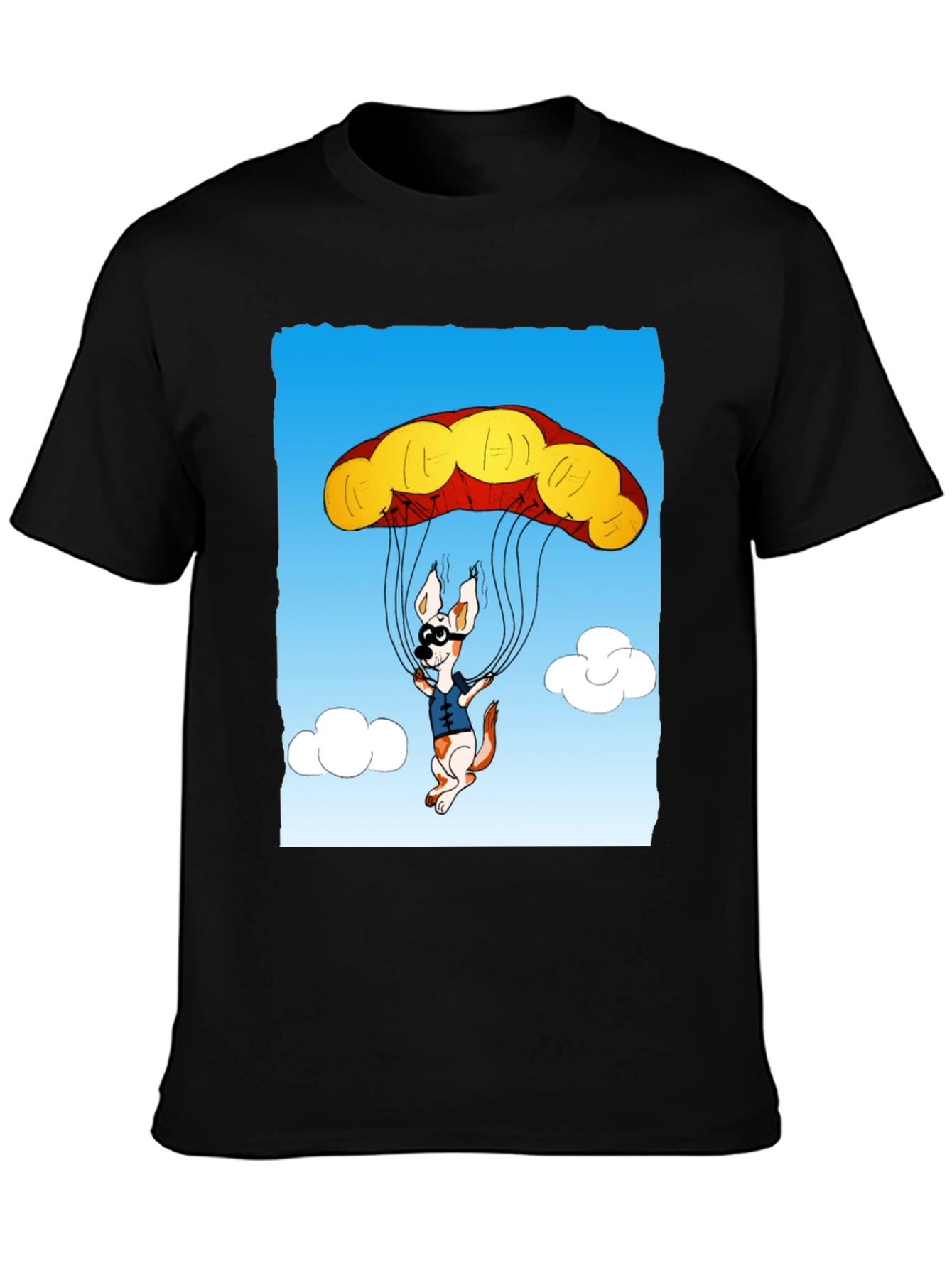 Parachuting Dog Graphic Tee - Black Cotton T-Shirt