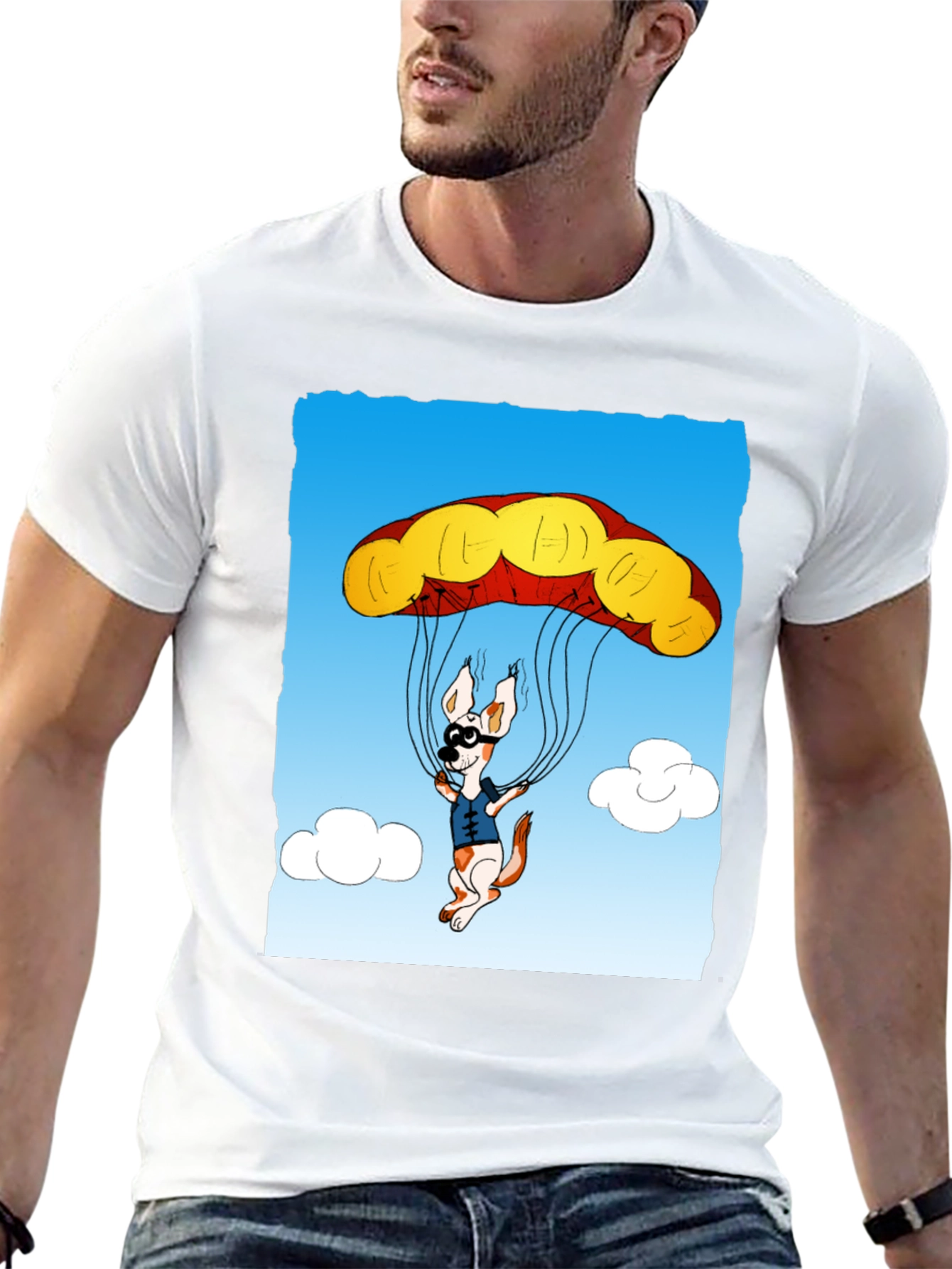 Parachuting Dog Graphic Tee - Black Cotton T-Shirt