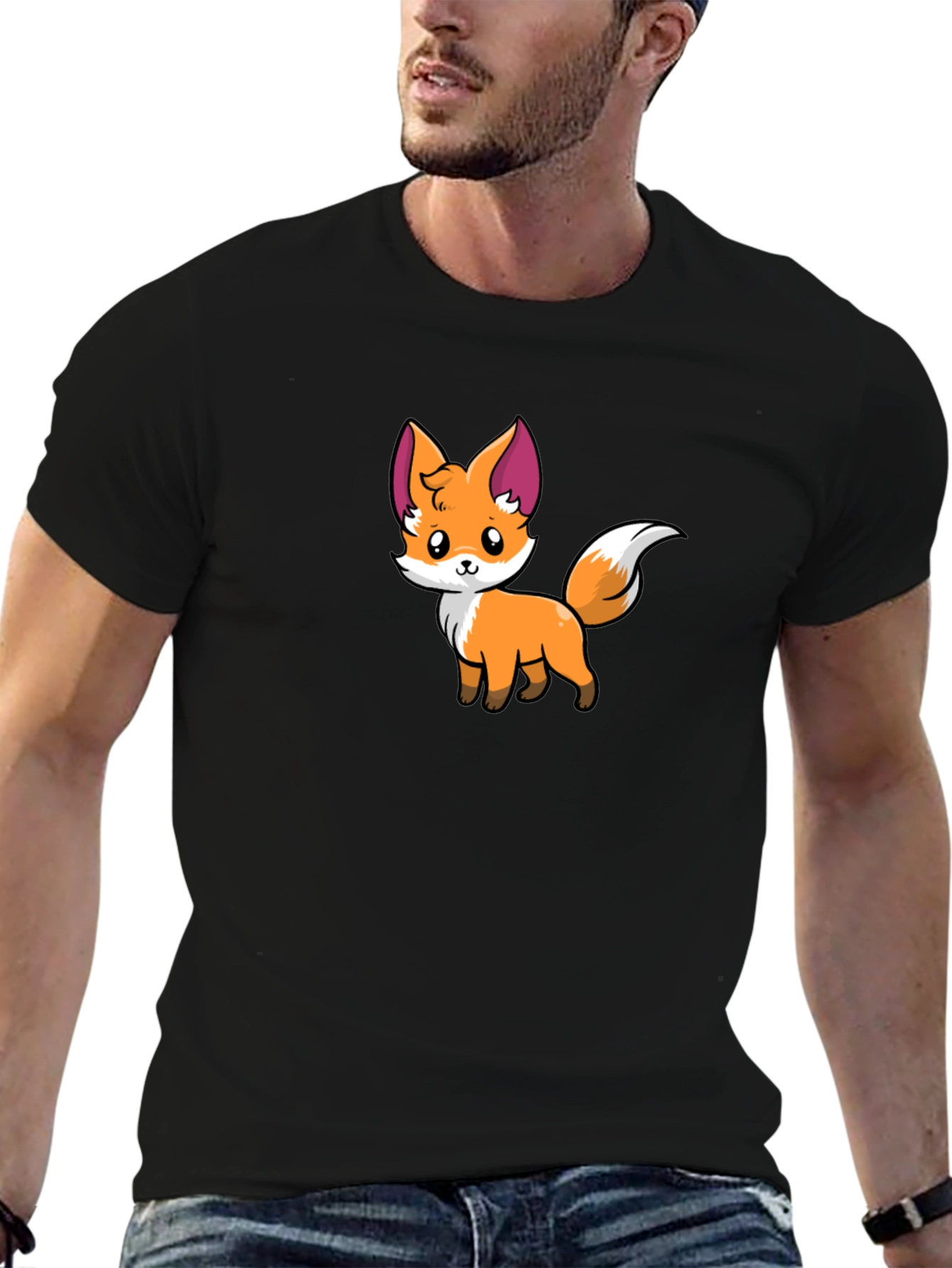 Cute Cartoon Fox Graphic Black T-Shirt
