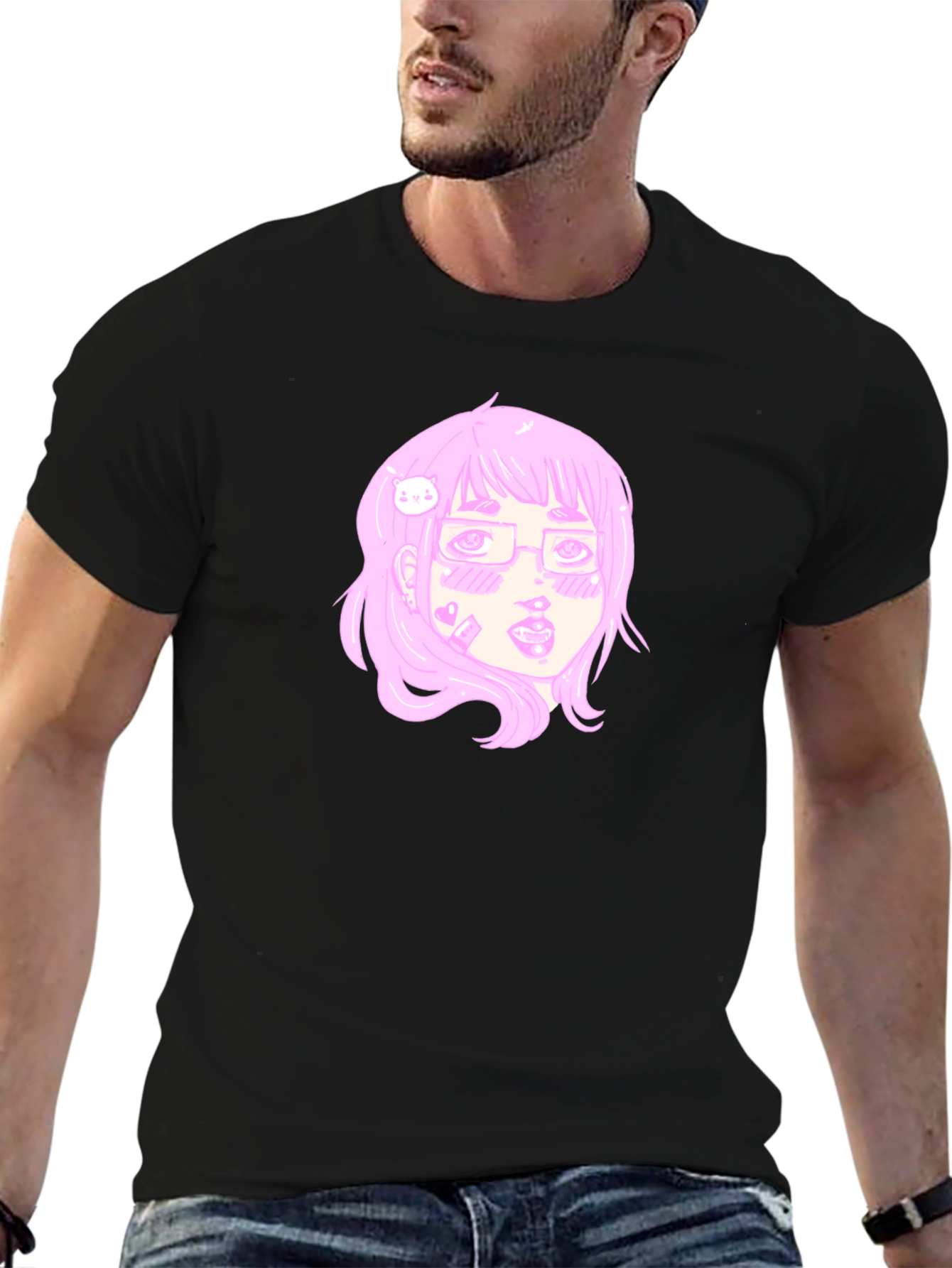 Anime Girl Graphic Tee - Black Cotton T-Shirt