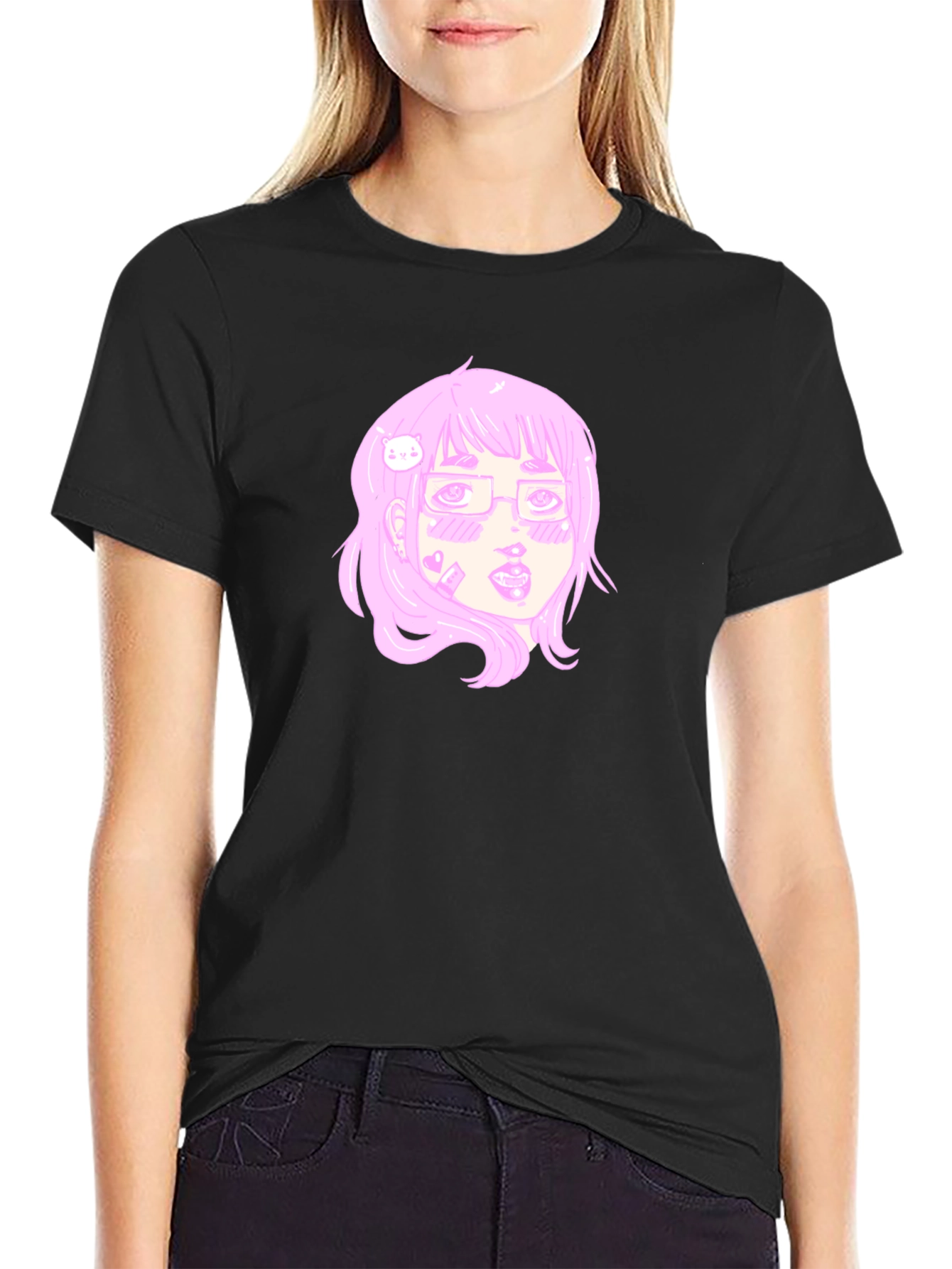 Anime Girl Graphic Tee - Black Cotton T-Shirt