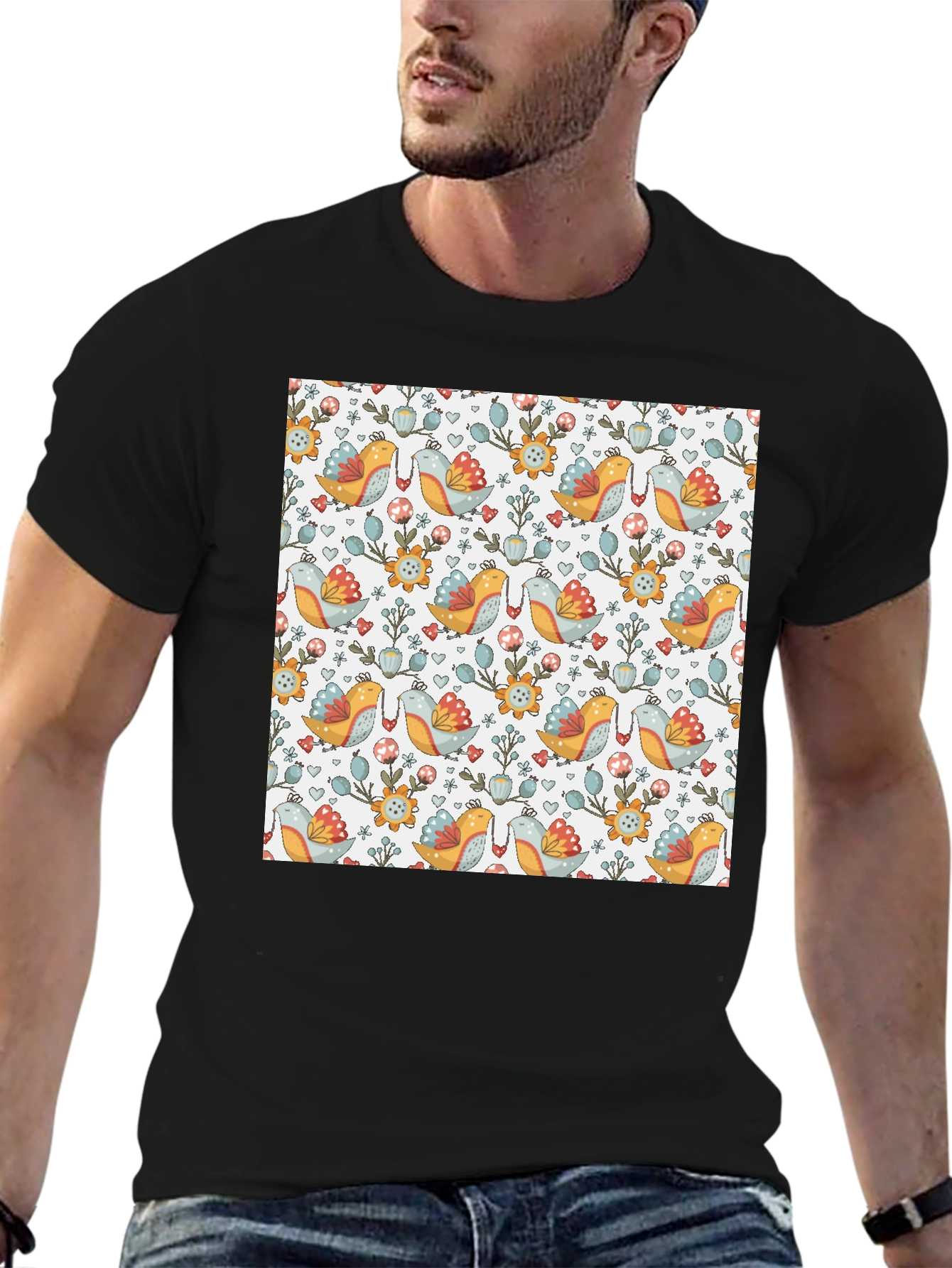 Bird & Floral Patterned T-Shirt