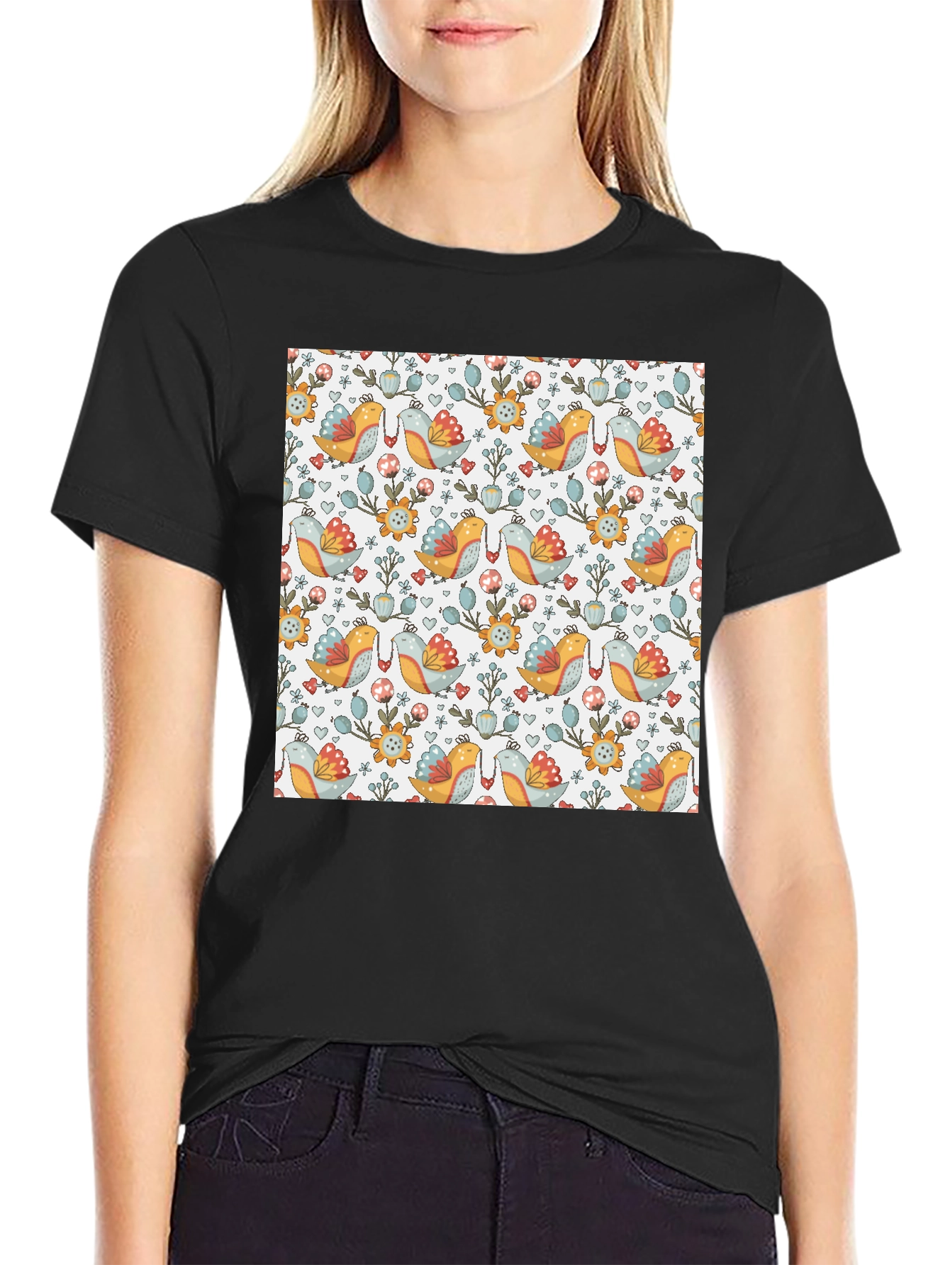 Bird & Floral Patterned T-Shirt
