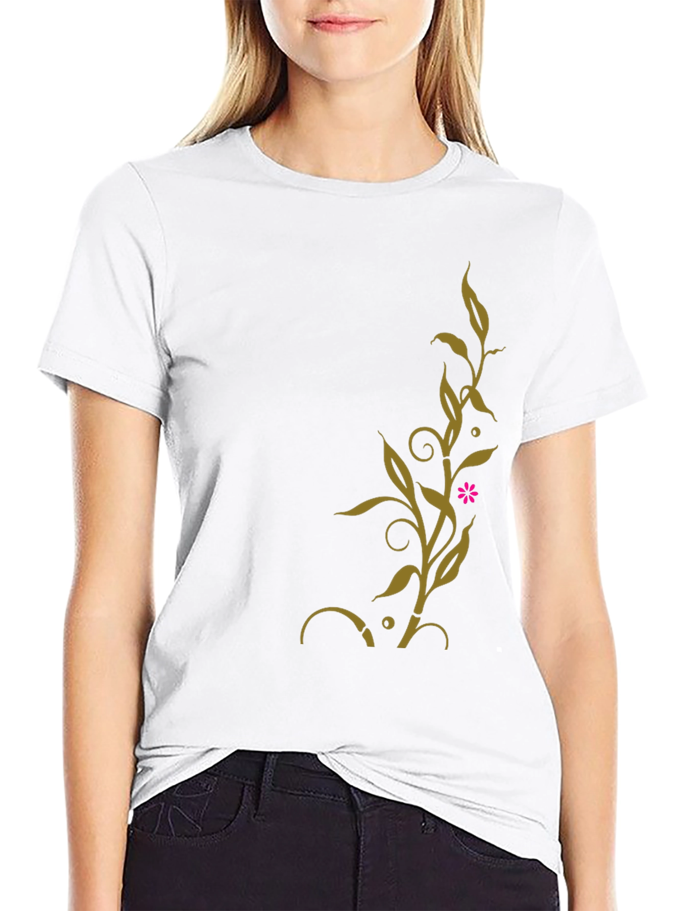 Black T-Shirt with Golden Floral Vine Design