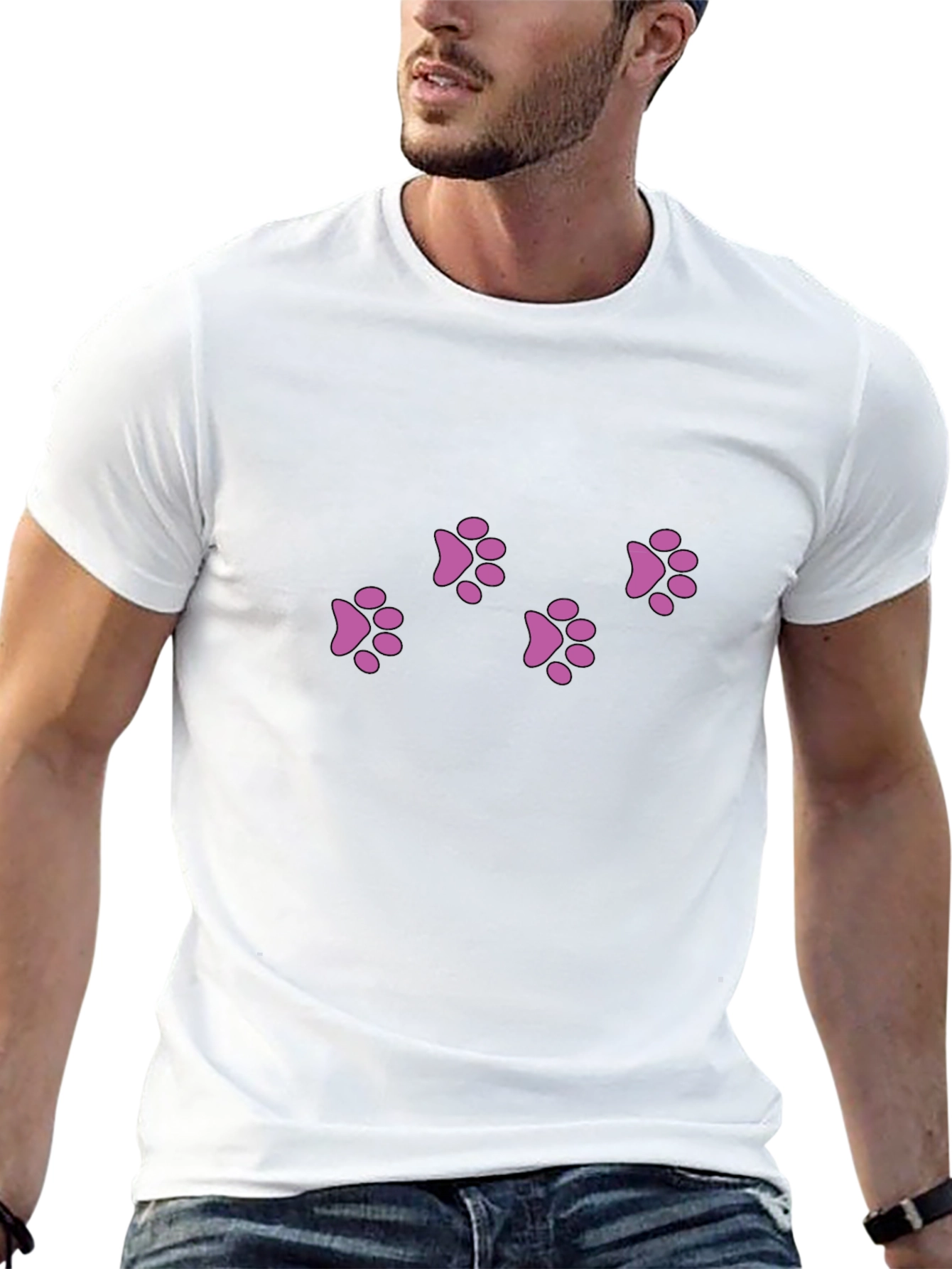 Mens Black T-Shirt with Pink Paw Prints