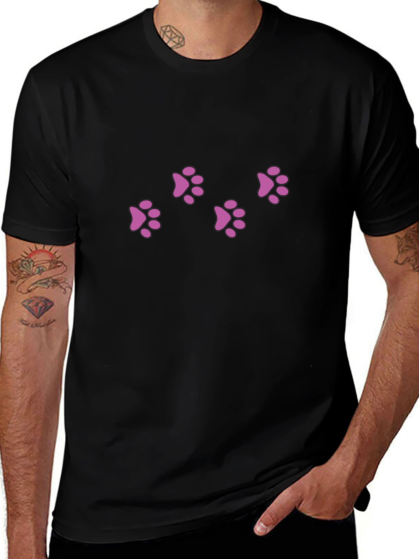 Mens Black T-Shirt with Pink Paw Prints