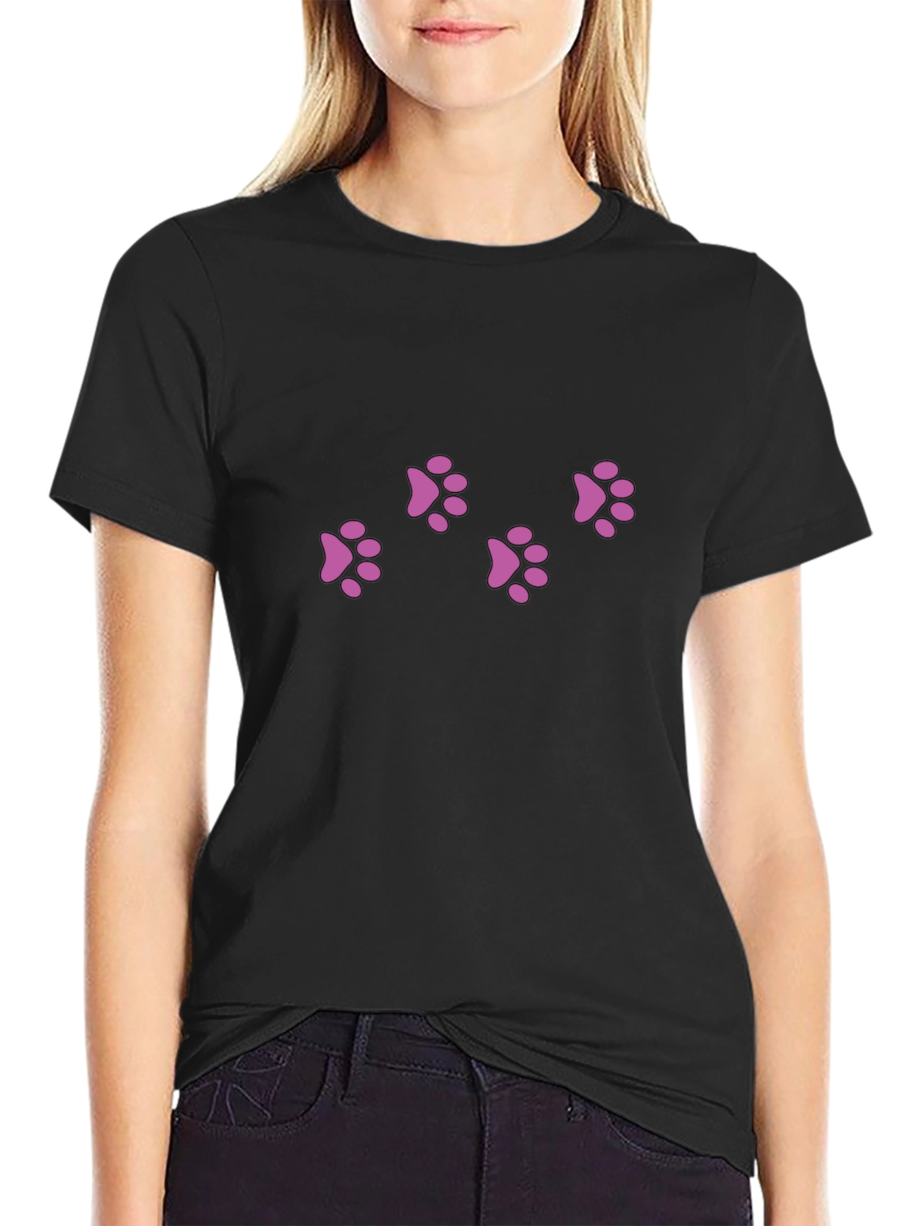 Mens Black T-Shirt with Pink Paw Prints