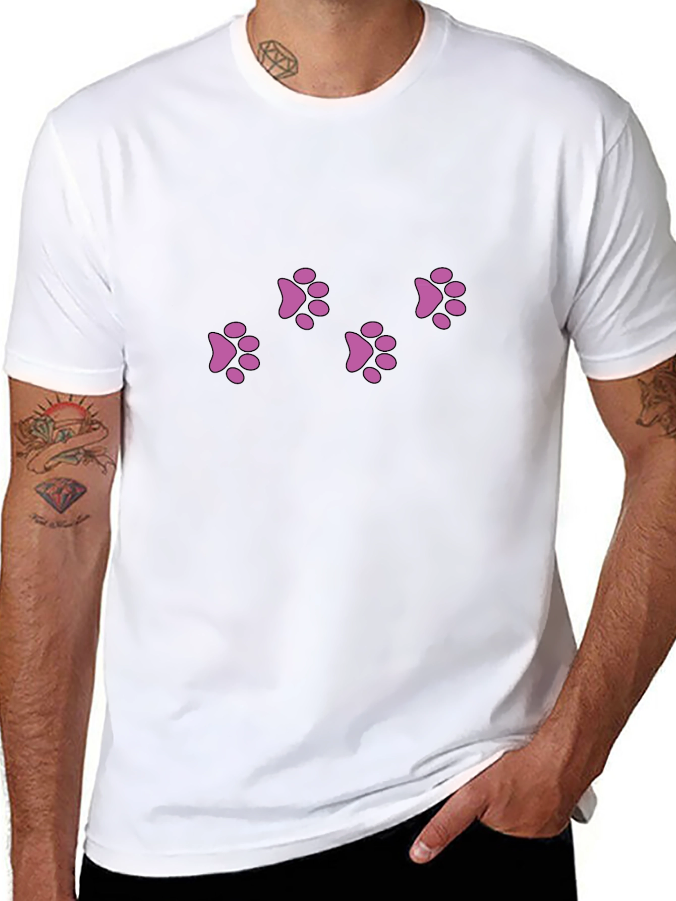 Mens Black T-Shirt with Pink Paw Prints