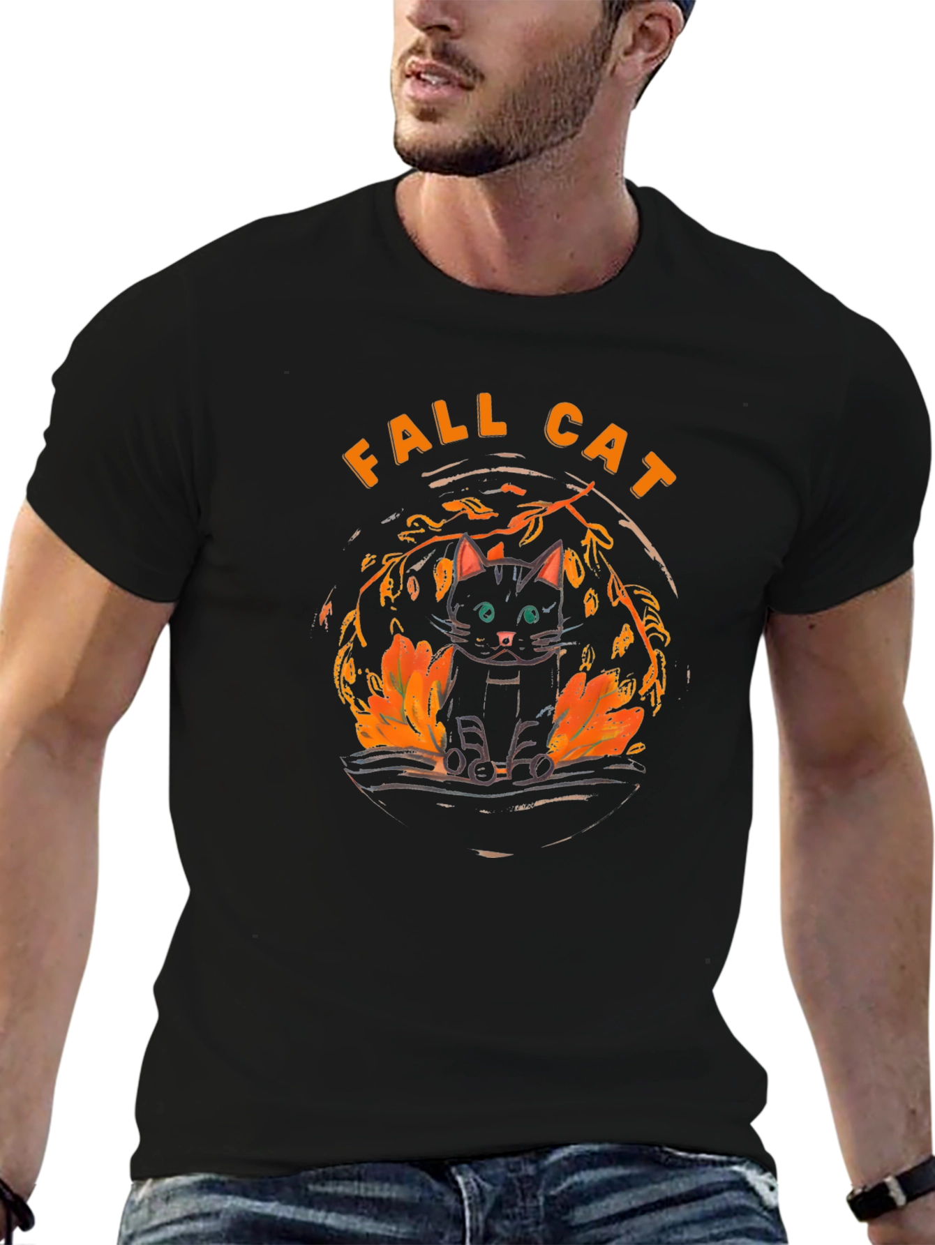 Fall Cat Graphic Tee - Black T-Shirt