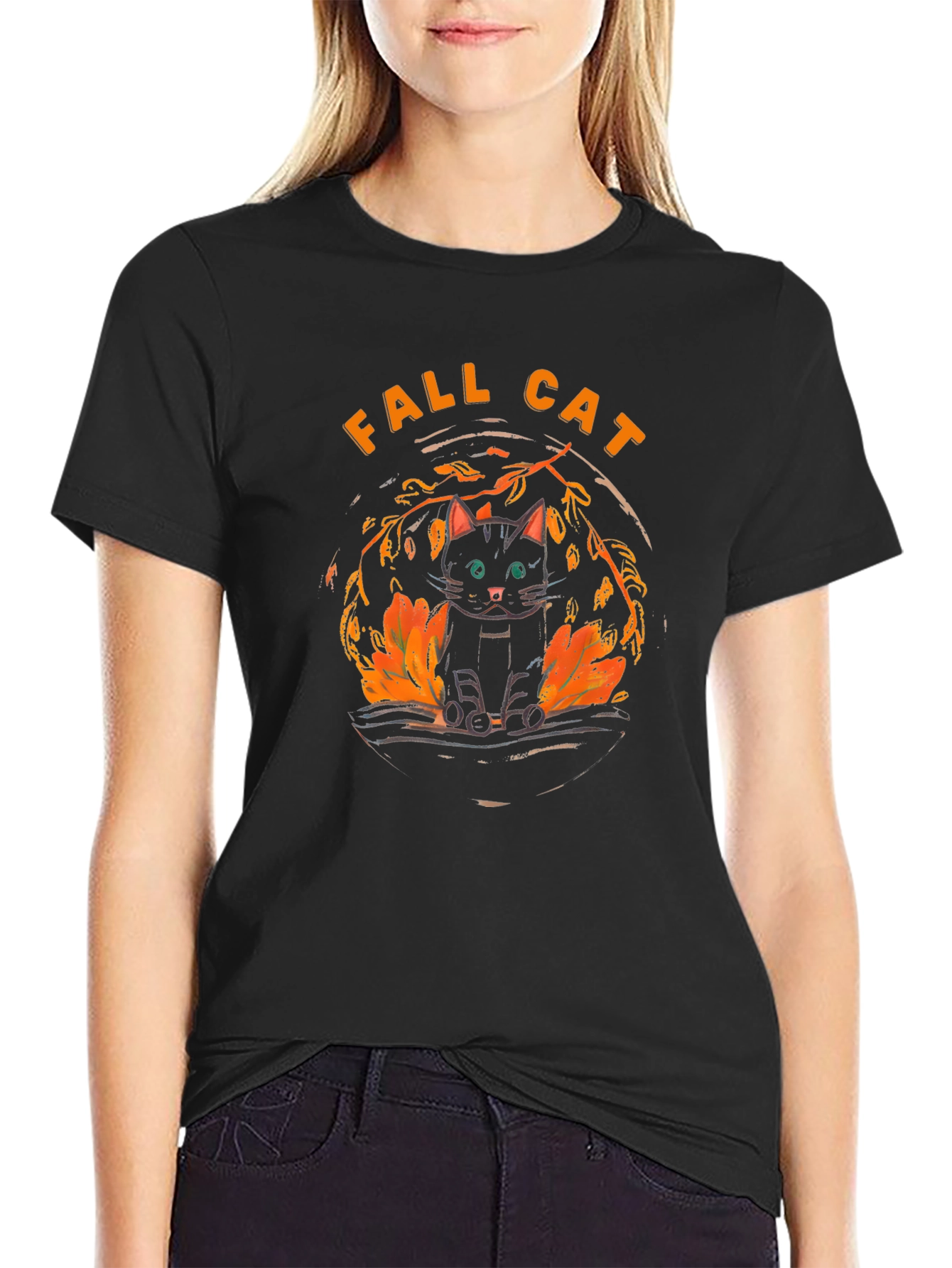 Fall Cat Graphic Tee - Black T-Shirt