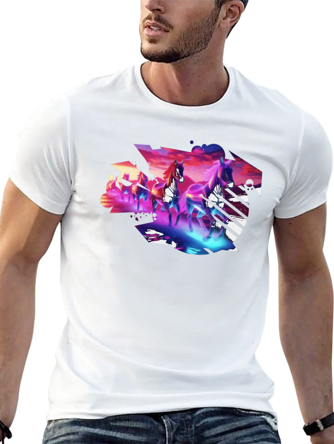 Neon Horses Graphic Tee - Mens Black T-Shirt