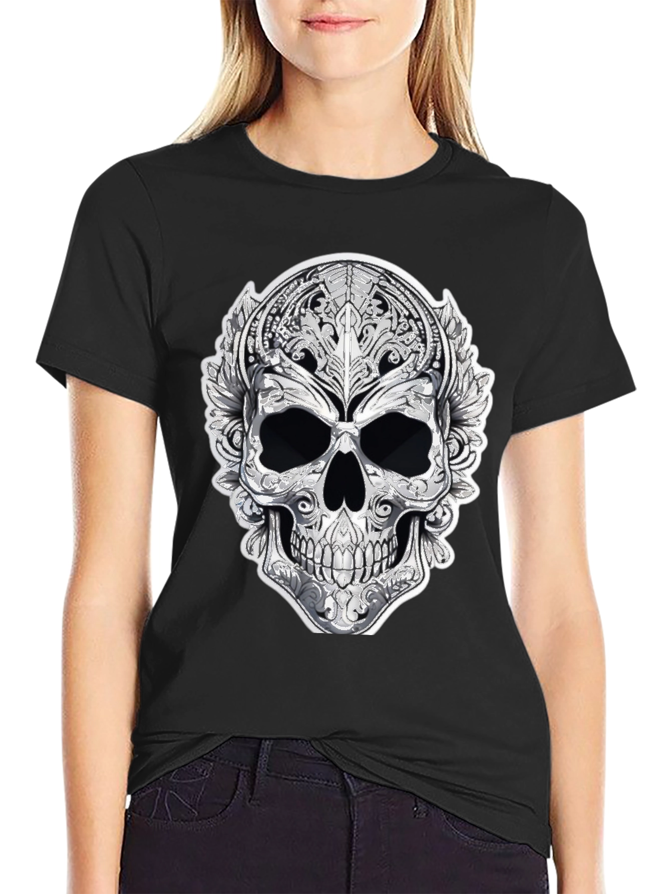 Ornate Skull Graphic Tee - Black Cotton Blend