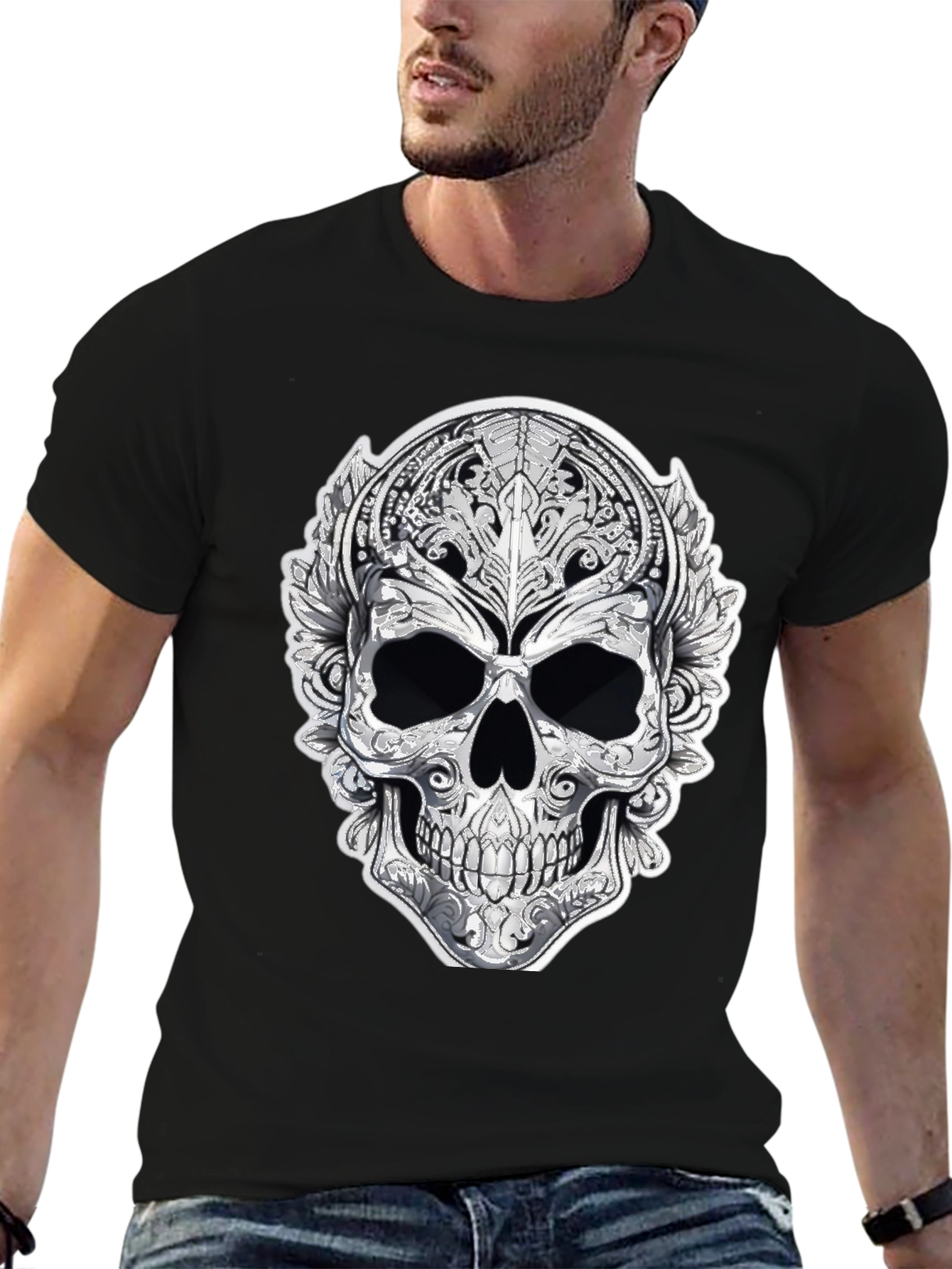 Ornate Skull Graphic Tee - Black Cotton Blend