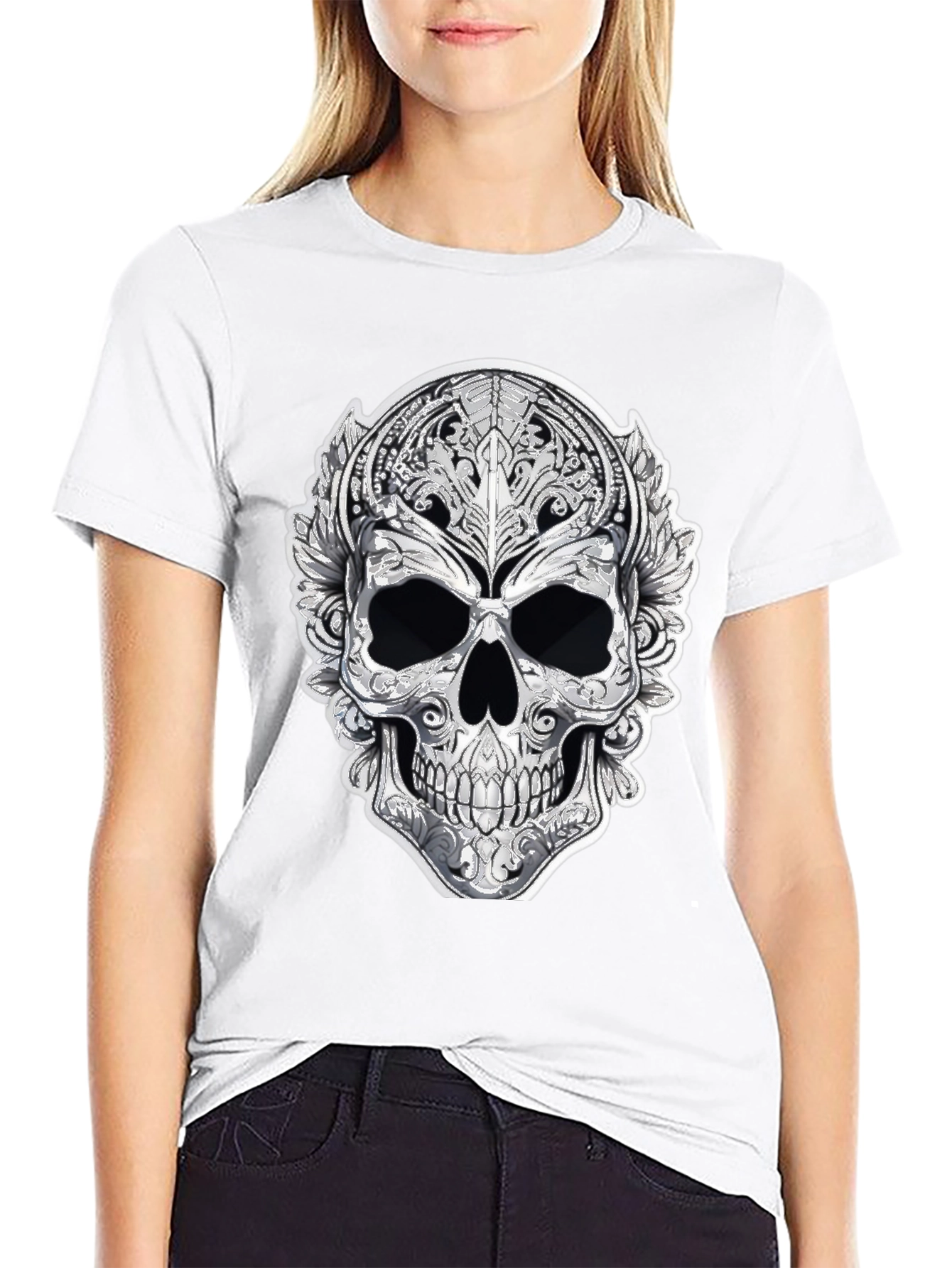 Ornate Skull Graphic Tee - Black Cotton Blend