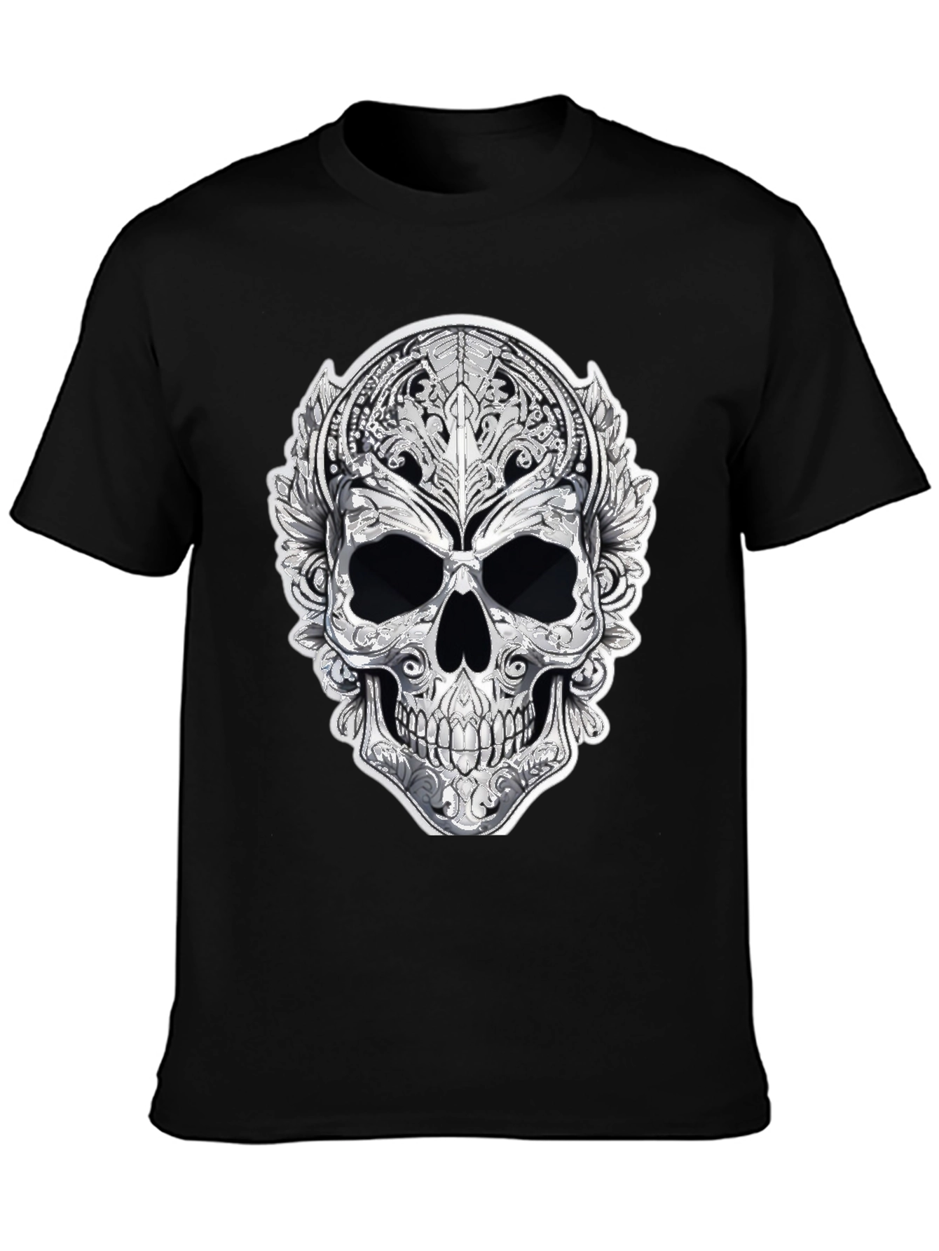 Ornate Skull Graphic Tee - Black Cotton Blend