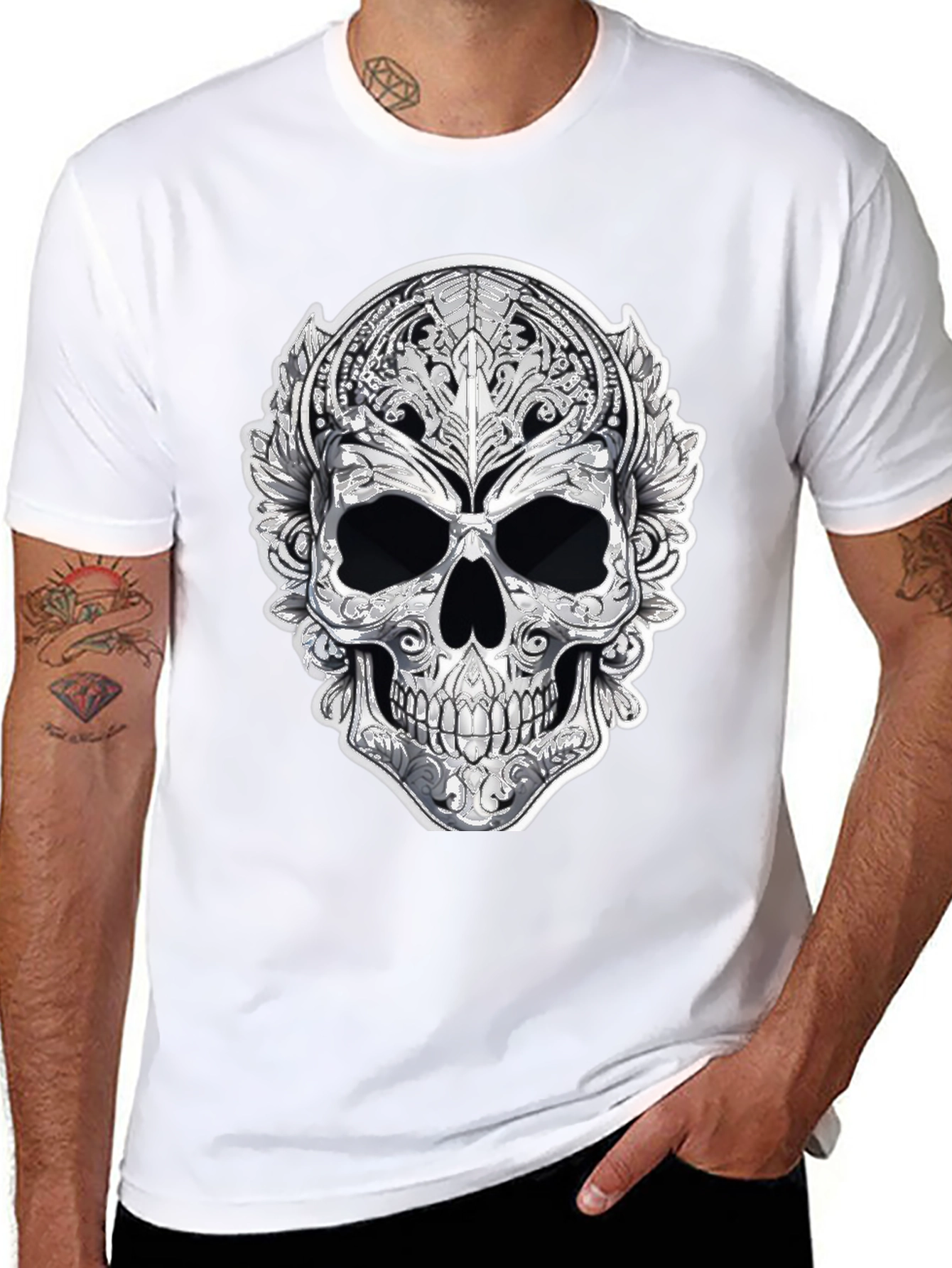 Ornate Skull Graphic Tee - Black Cotton Blend
