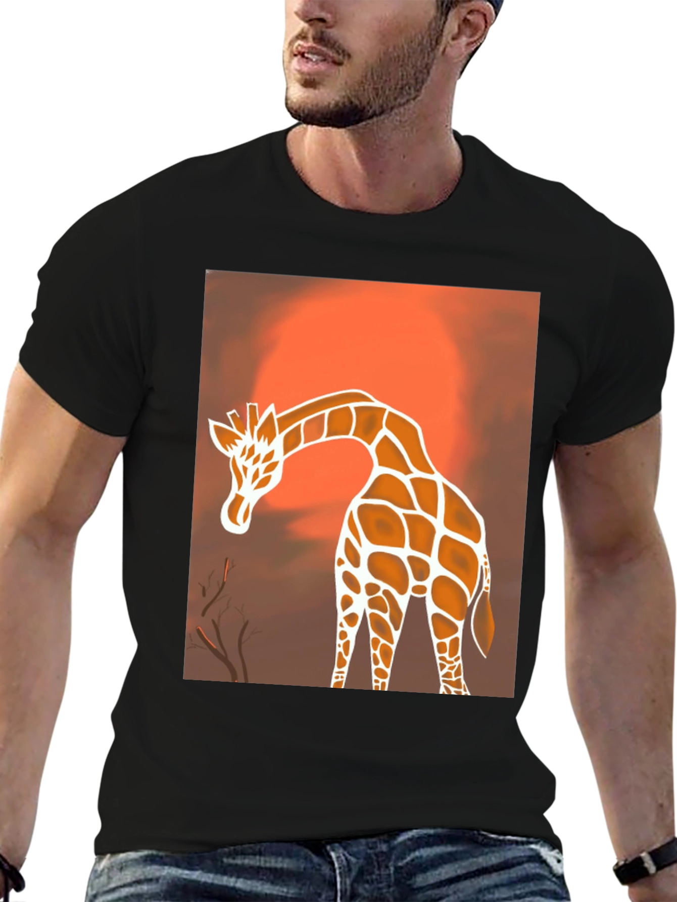 Giraffe Sunset Graphic Tee - Stylish Black T-Shirt