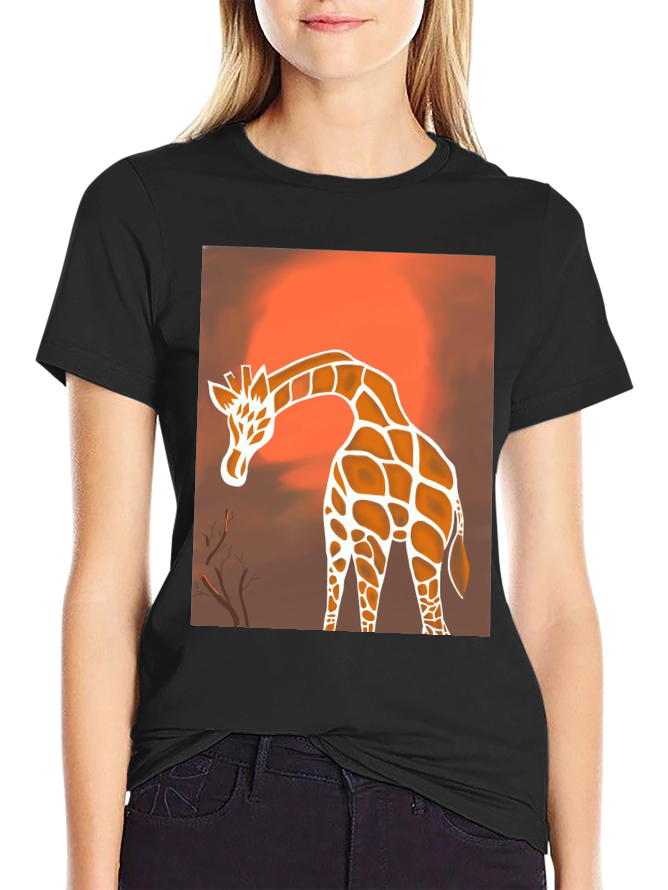 Giraffe Sunset Graphic Tee - Stylish Black T-Shirt