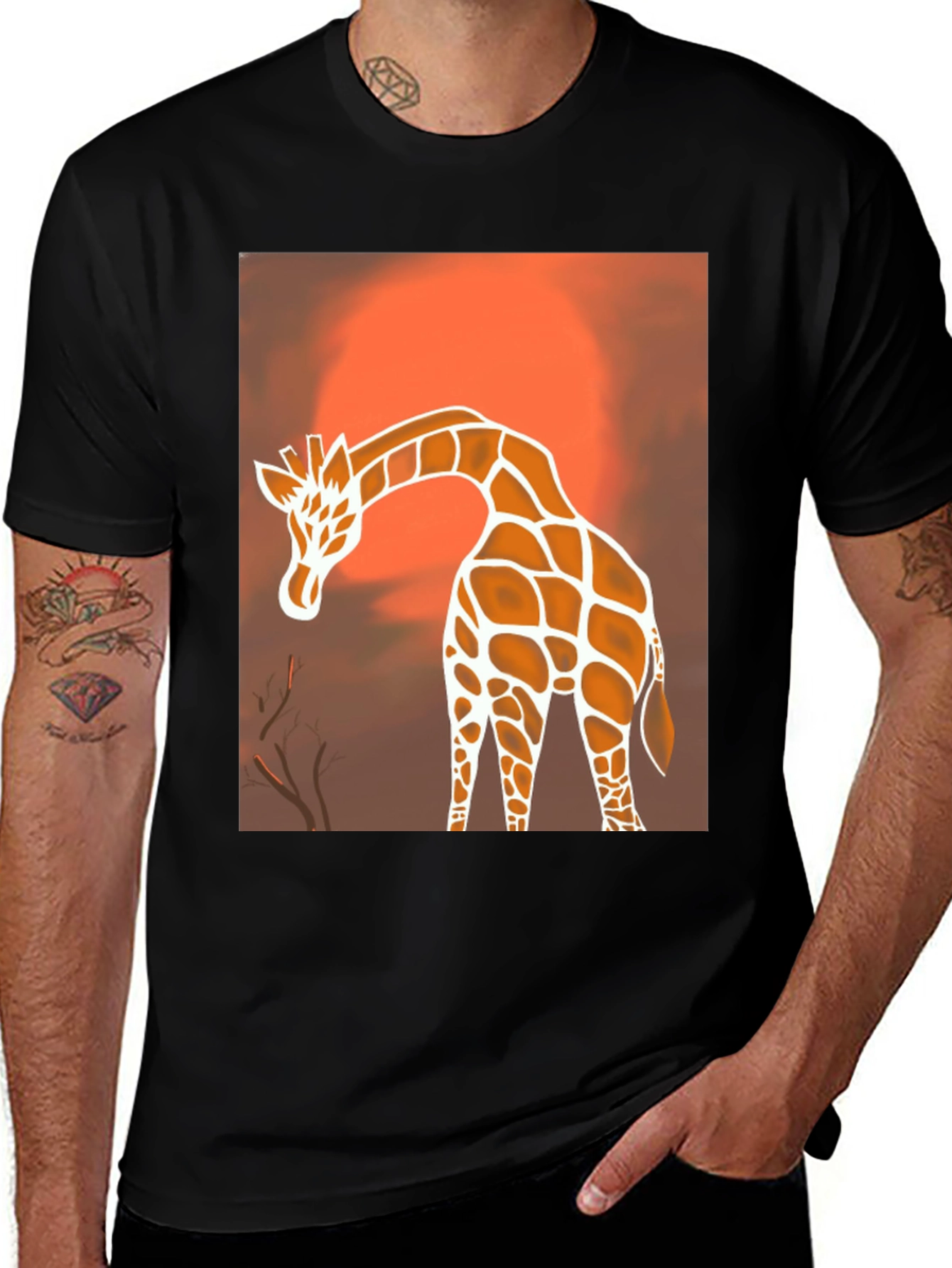 Giraffe Sunset Graphic Tee - Stylish Black T-Shirt