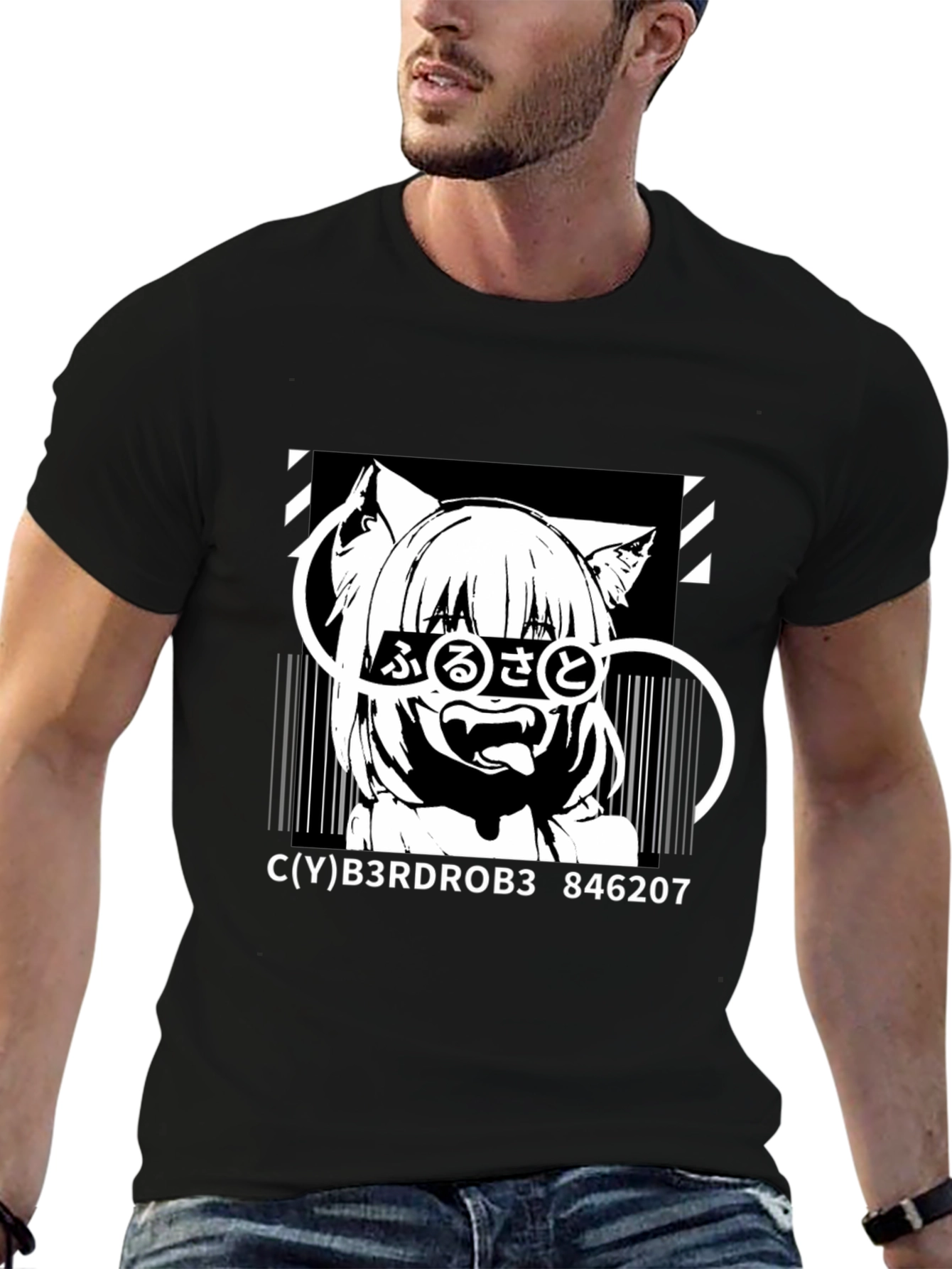 Anime Cat Girl Graphic Black T-Shirt