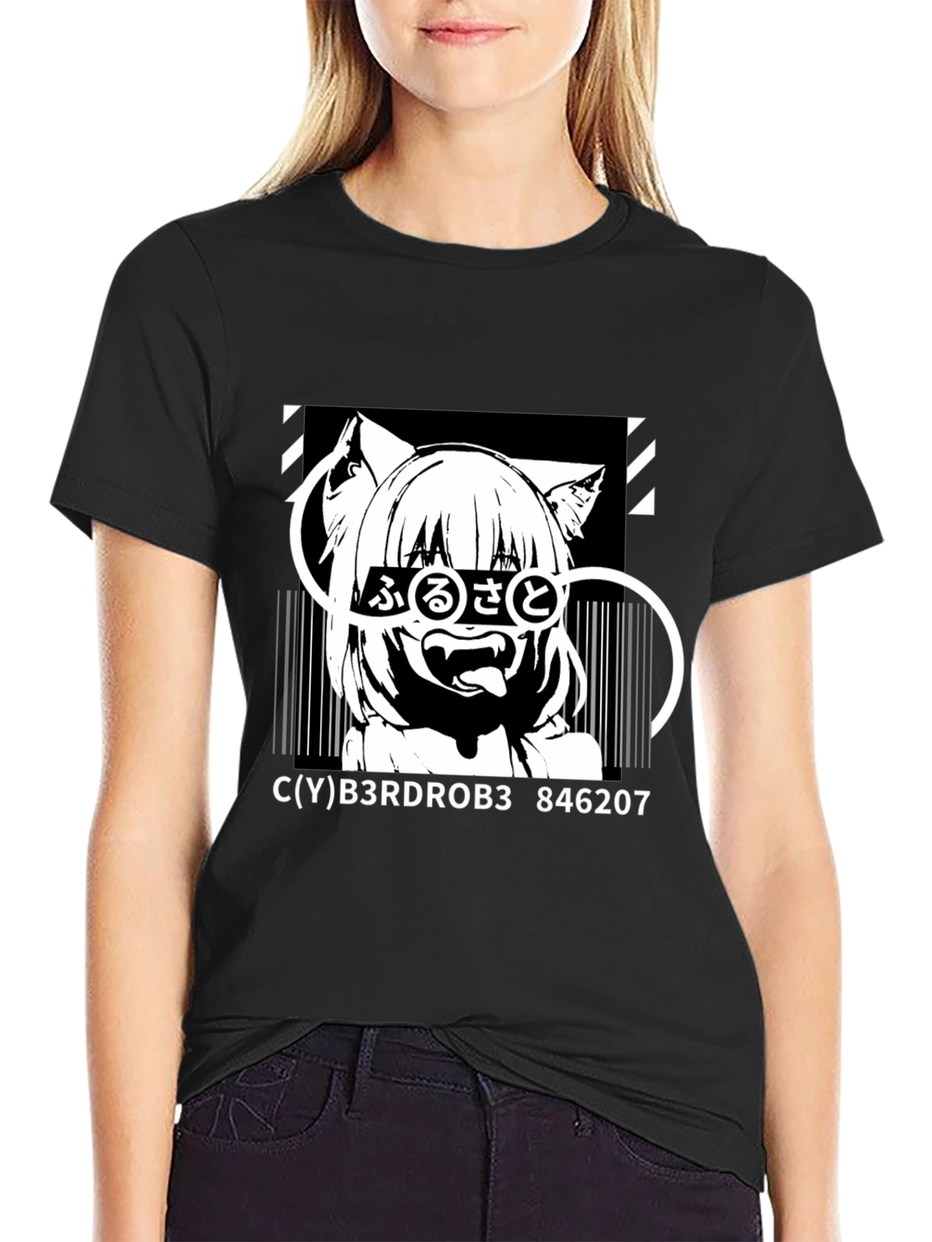 Anime Cat Girl Graphic Black T-Shirt