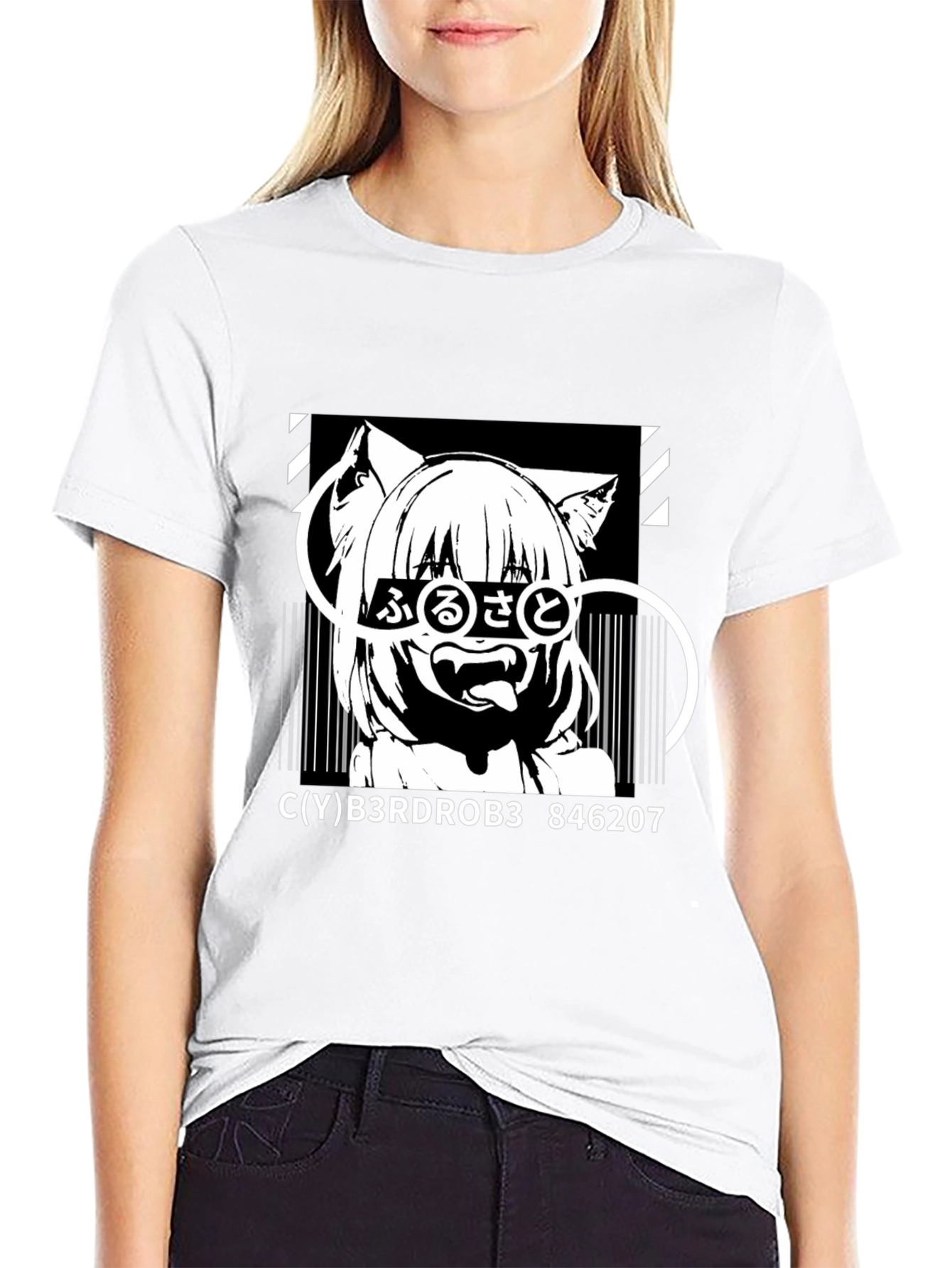 Anime Cat Girl Graphic Black T-Shirt