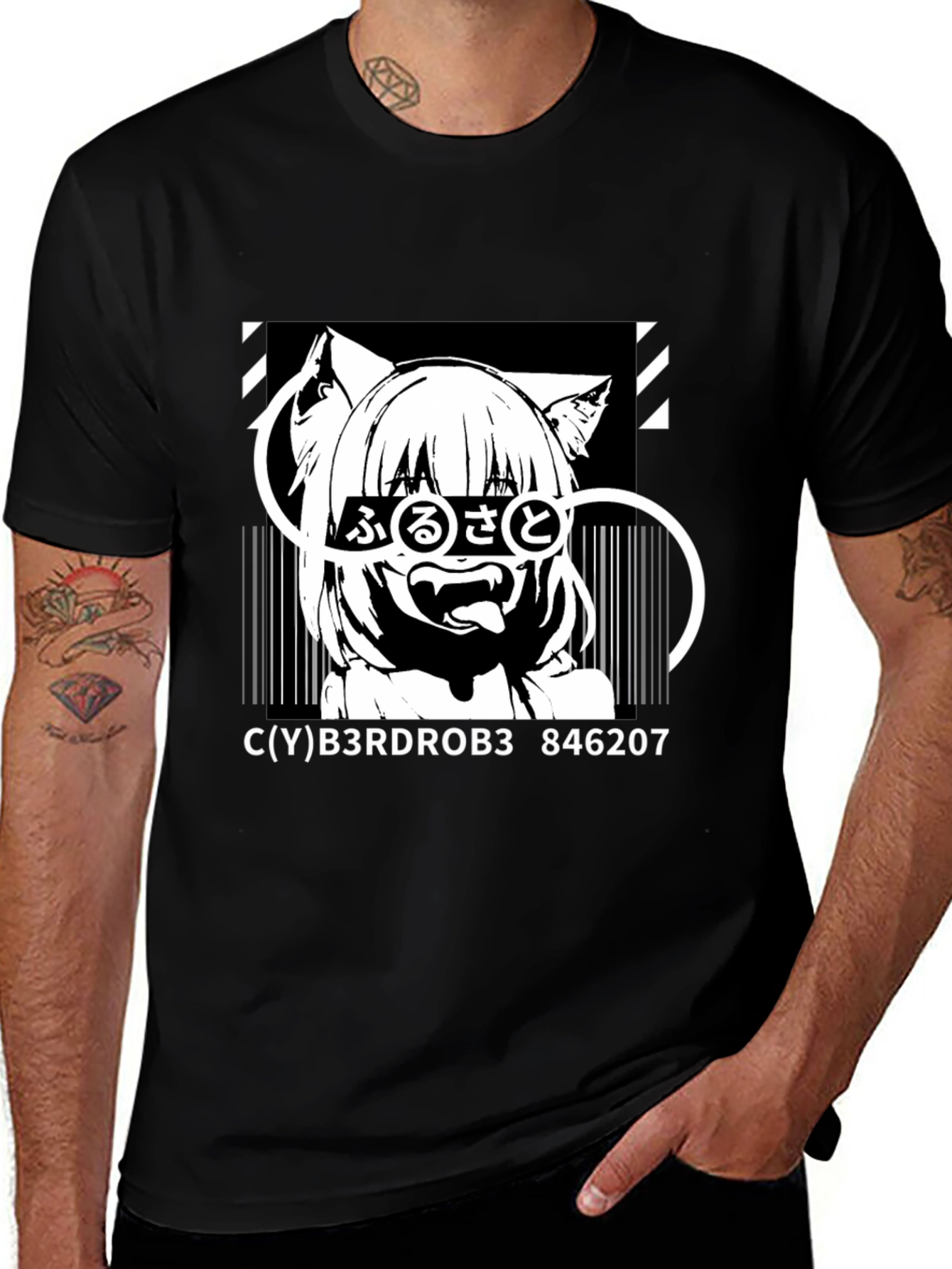 Anime Cat Girl Graphic Black T-Shirt