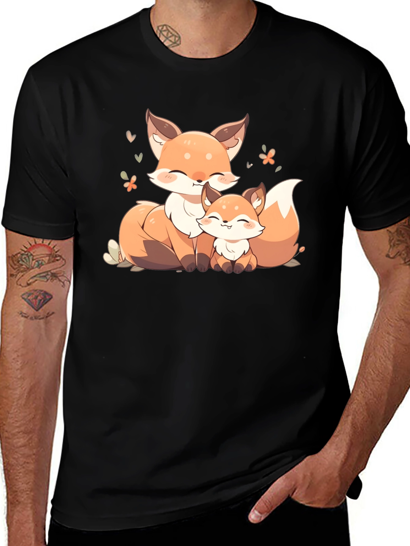 Cute Fox Family Graphic Black T-Shirt