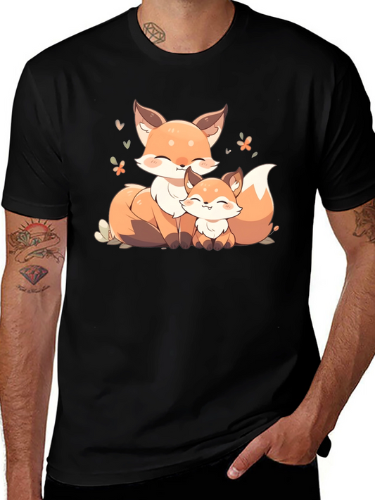 Cute Fox Family Graphic Black T-Shirt