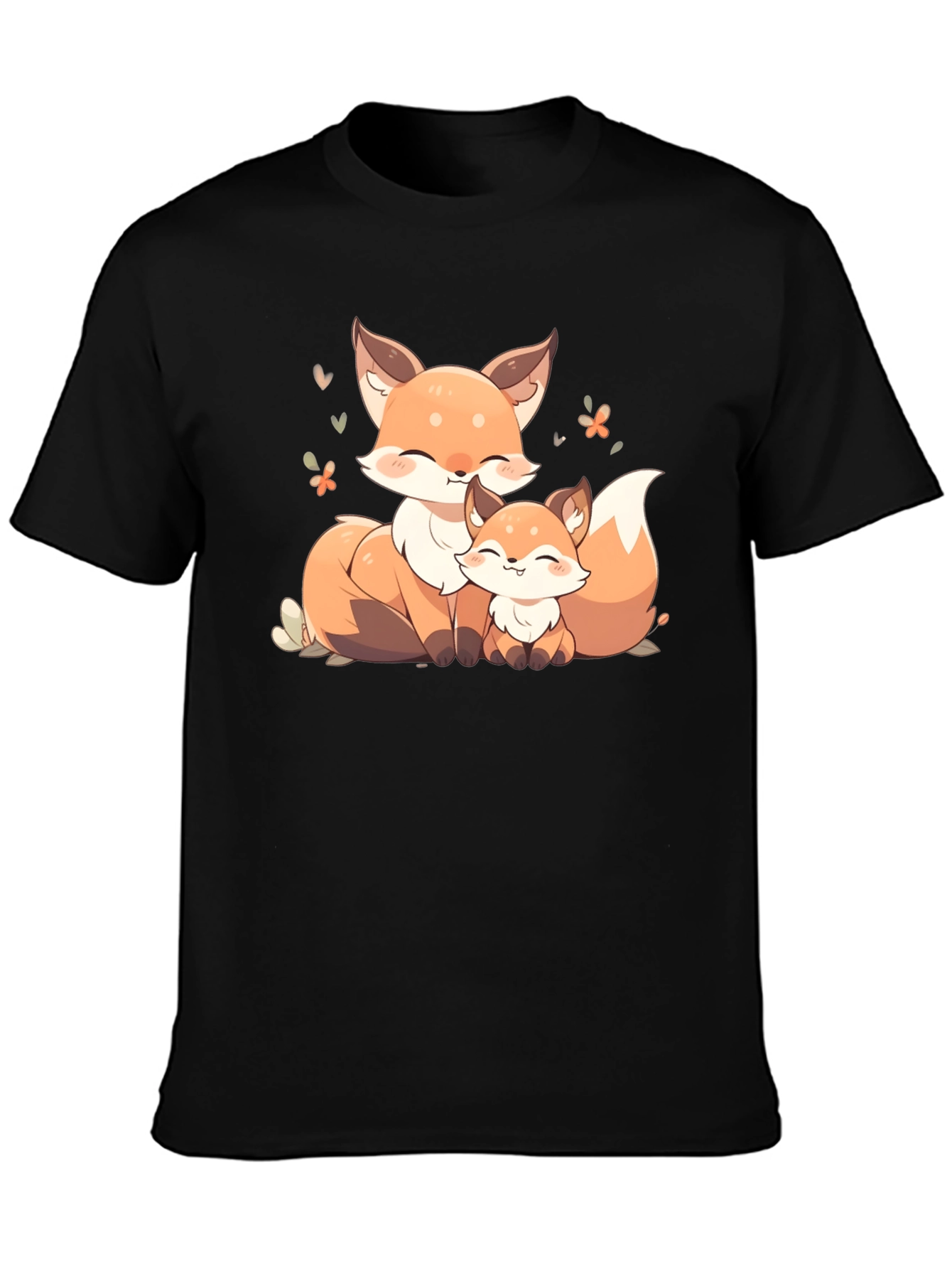 Cute Fox Family Graphic Black T-Shirt