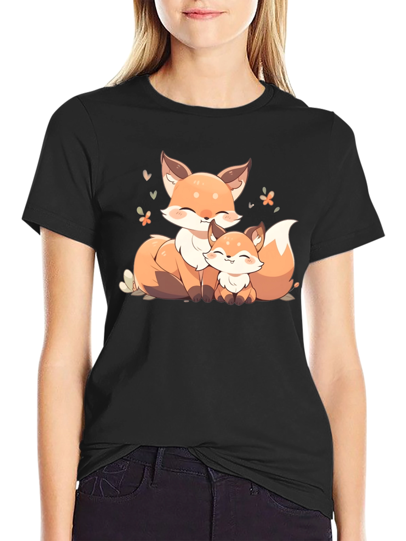 Cute Fox Family Graphic Black T-Shirt