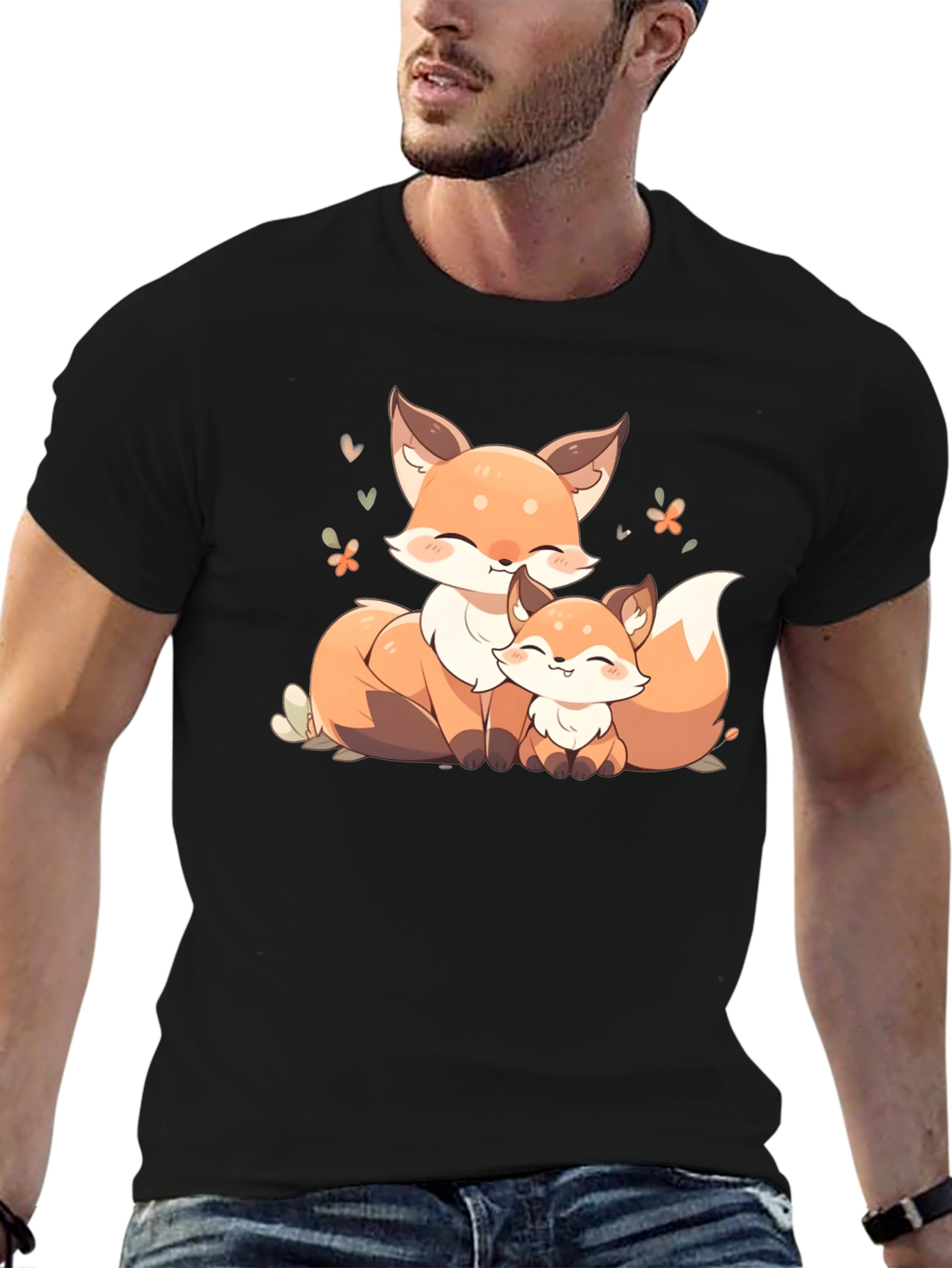 Cute Fox Family Graphic Black T-Shirt