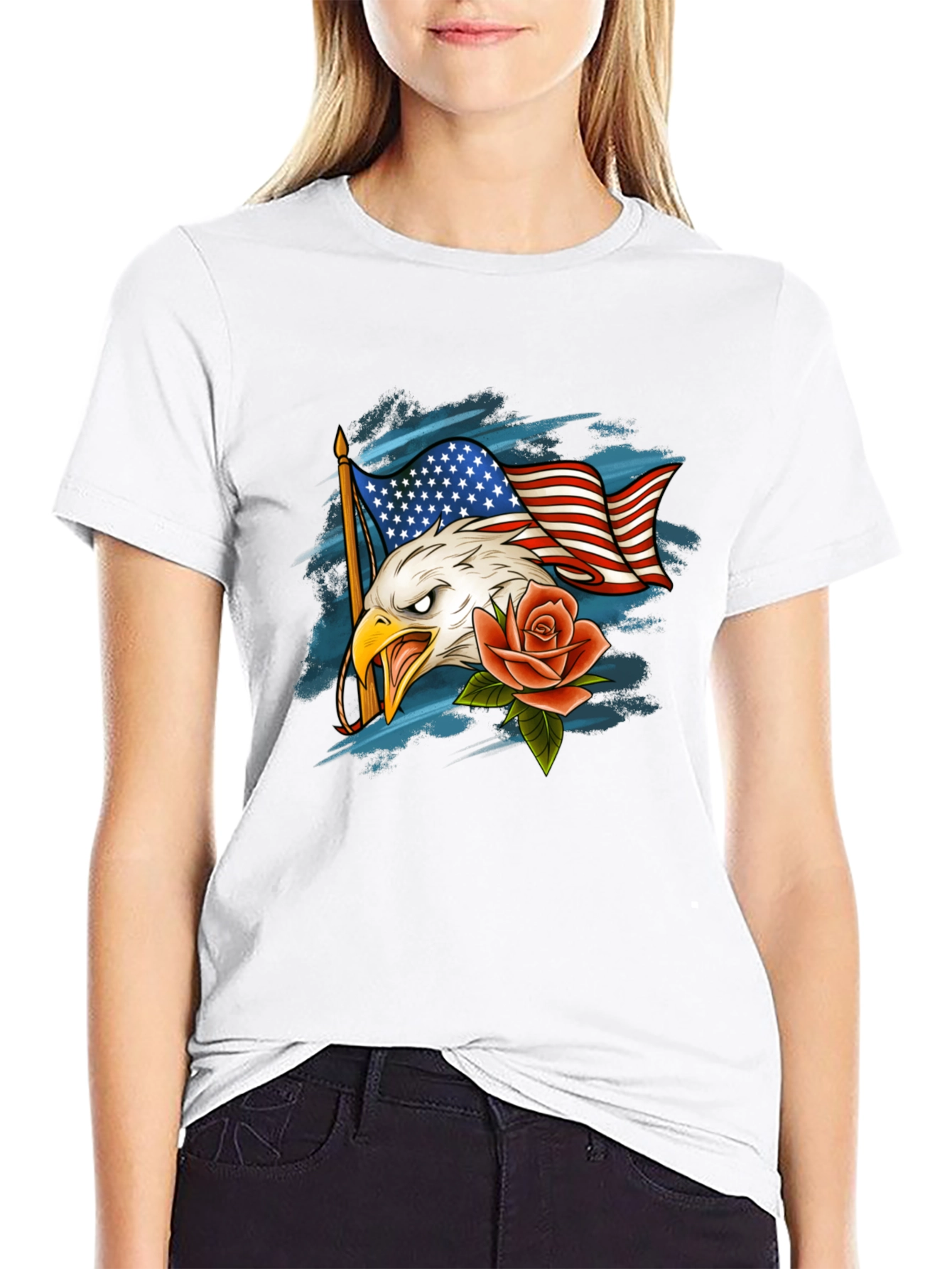 Eagle Flag and Rose Graphic T-Shirt