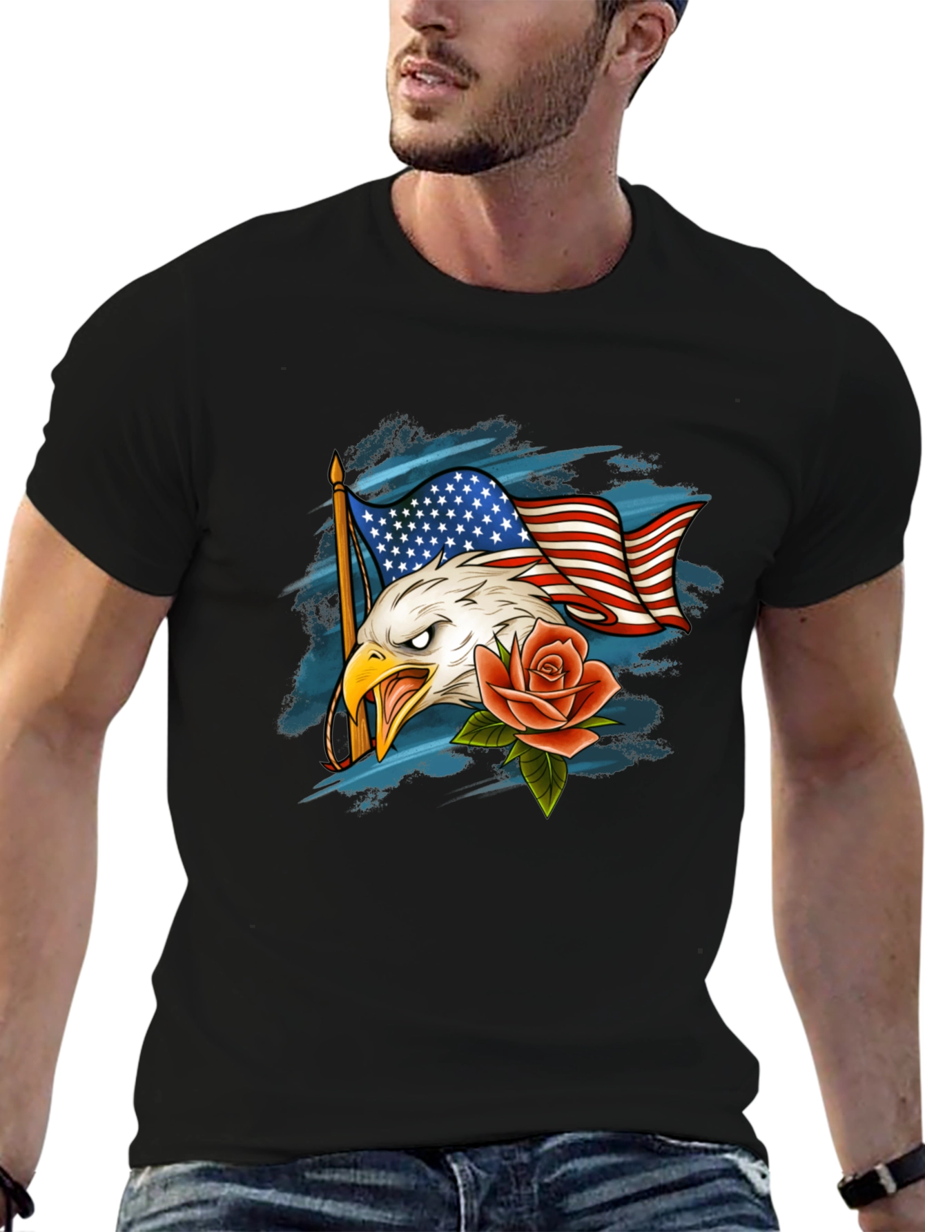 Eagle Flag and Rose Graphic T-Shirt