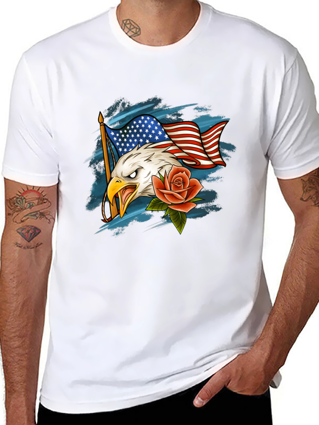Eagle Flag and Rose Graphic T-Shirt