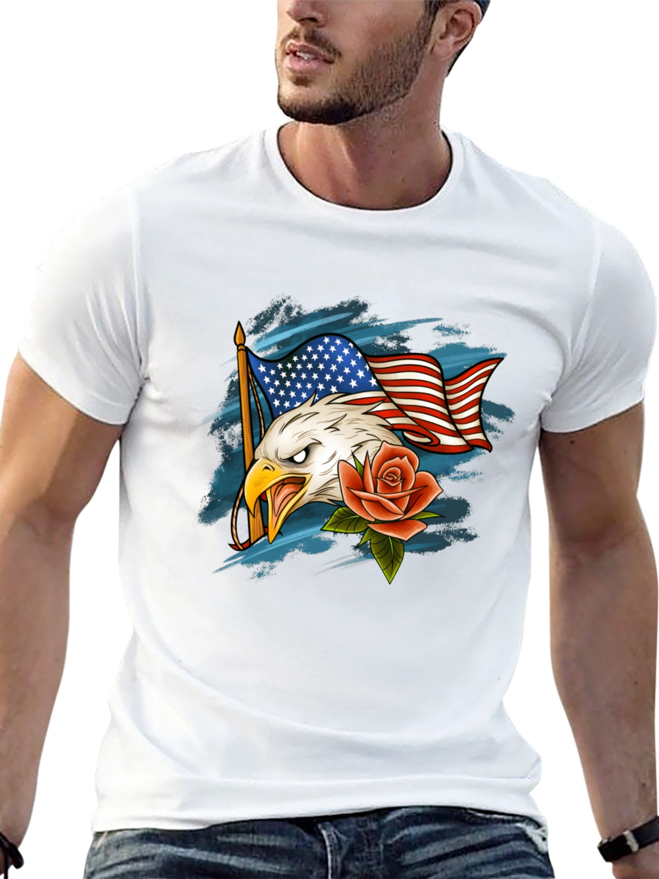 Eagle Flag and Rose Graphic T-Shirt
