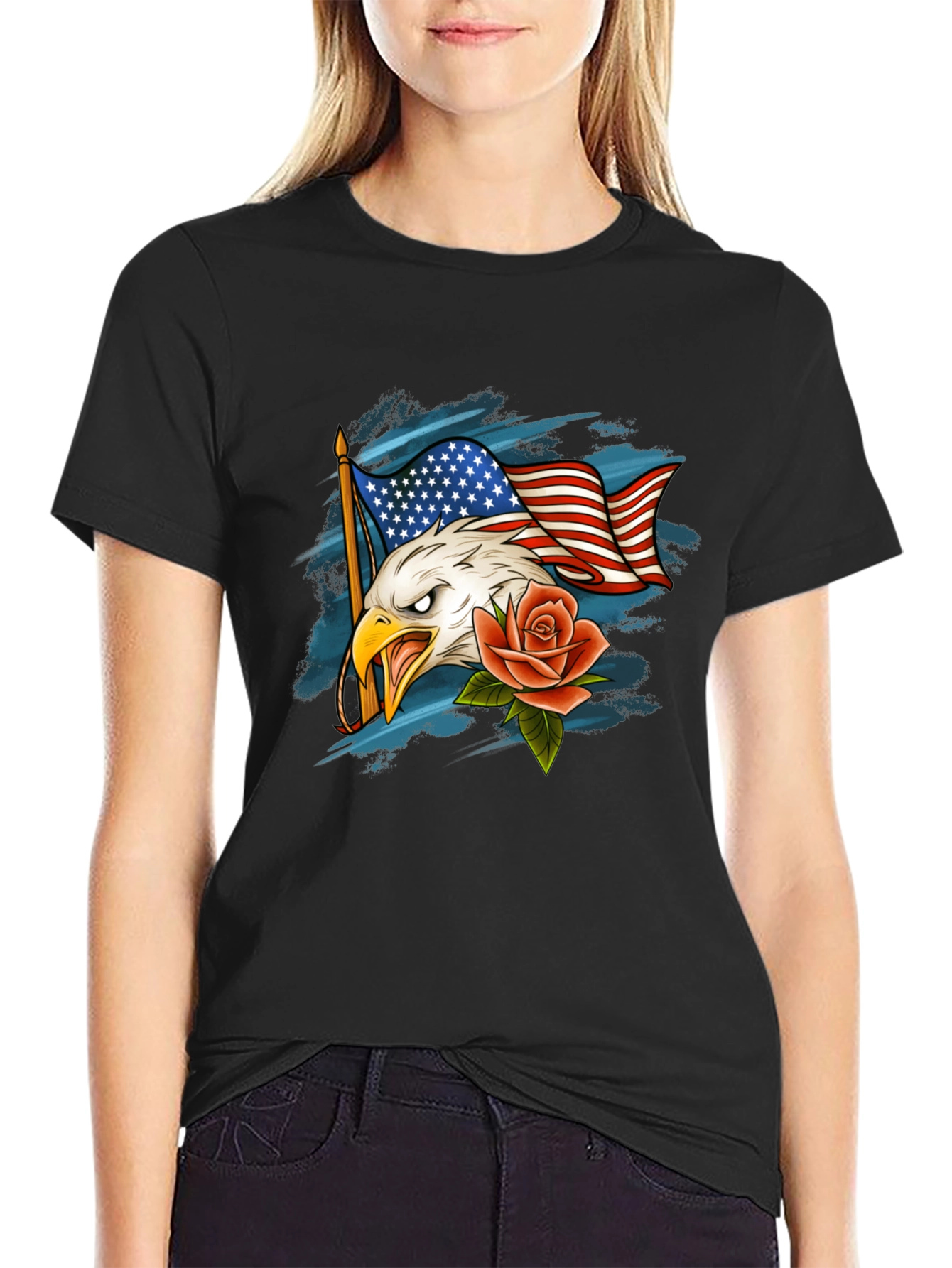 Eagle Flag and Rose Graphic T-Shirt