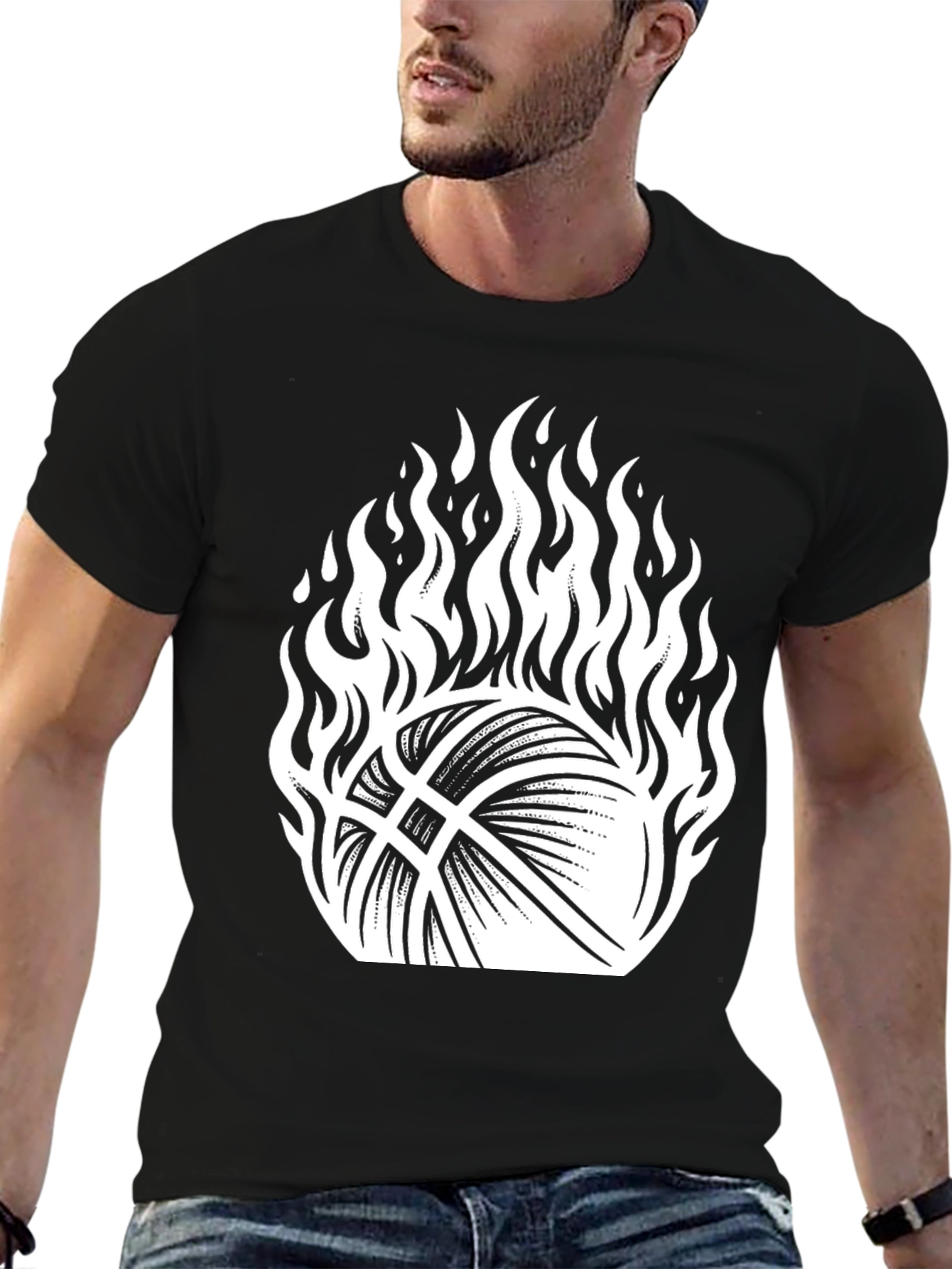Flaming Basketball Graphic Tee - Black