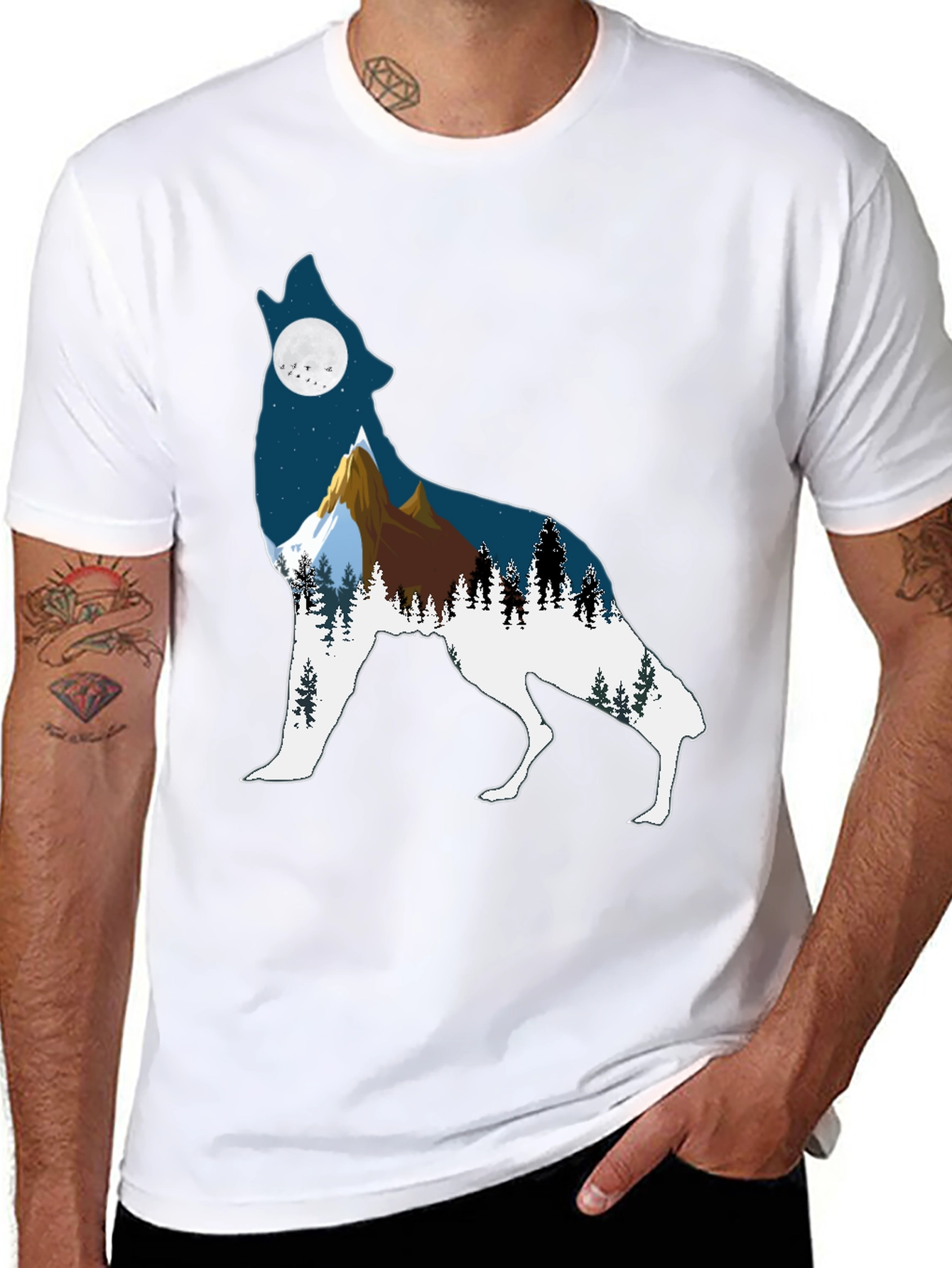 Wolf Silhouette Mountain Graphic Tee - Black