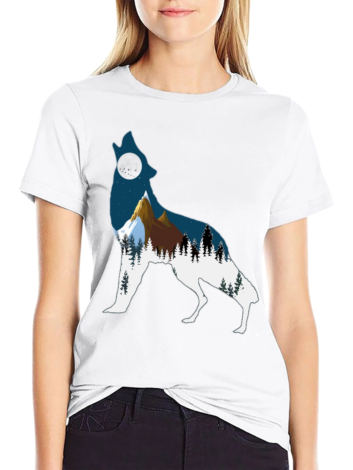 Wolf Silhouette Mountain Graphic Tee - Black