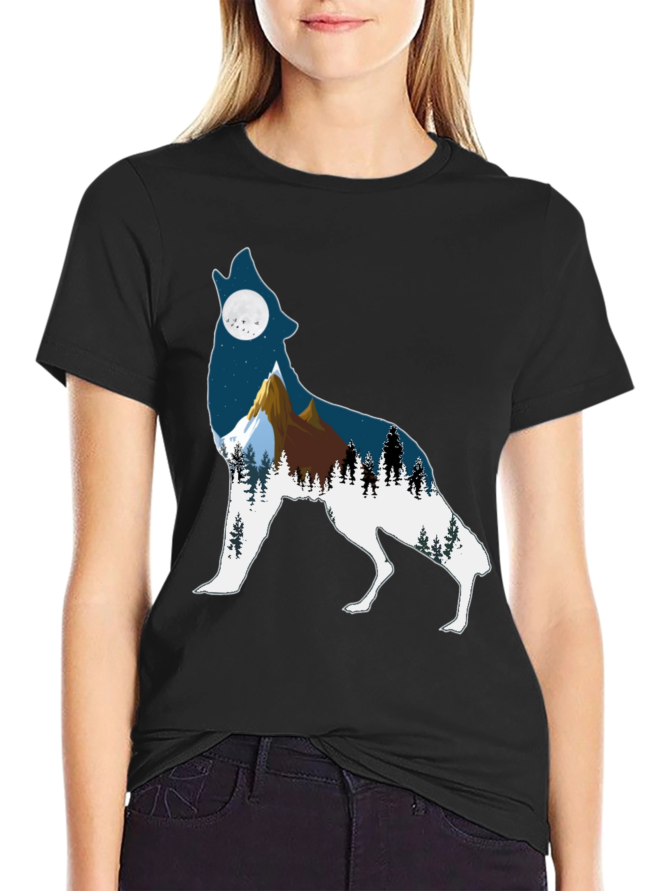 Wolf Silhouette Mountain Graphic Tee - Black