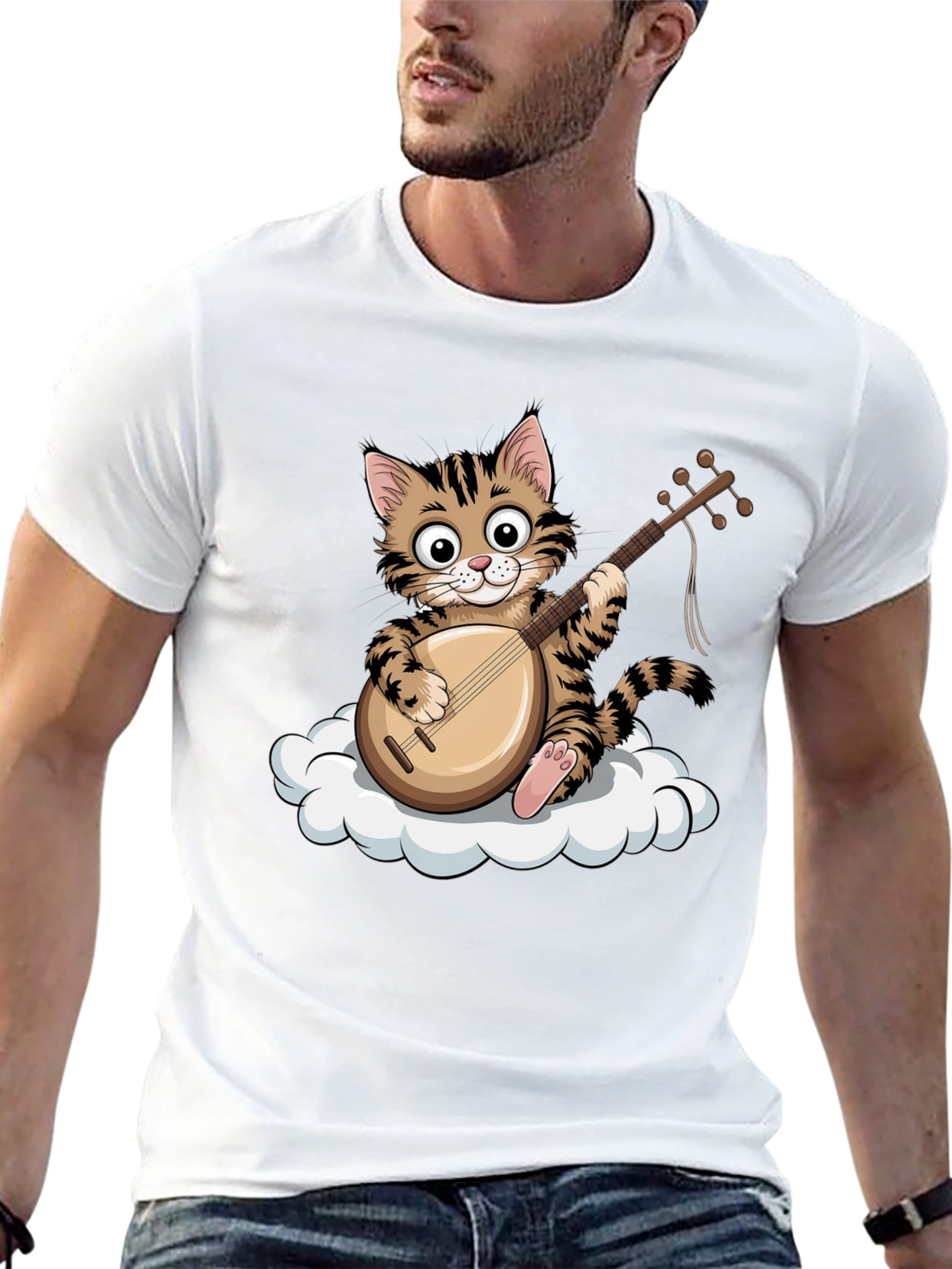 Cat Playing Balalaika on Cloud Graphic Tee